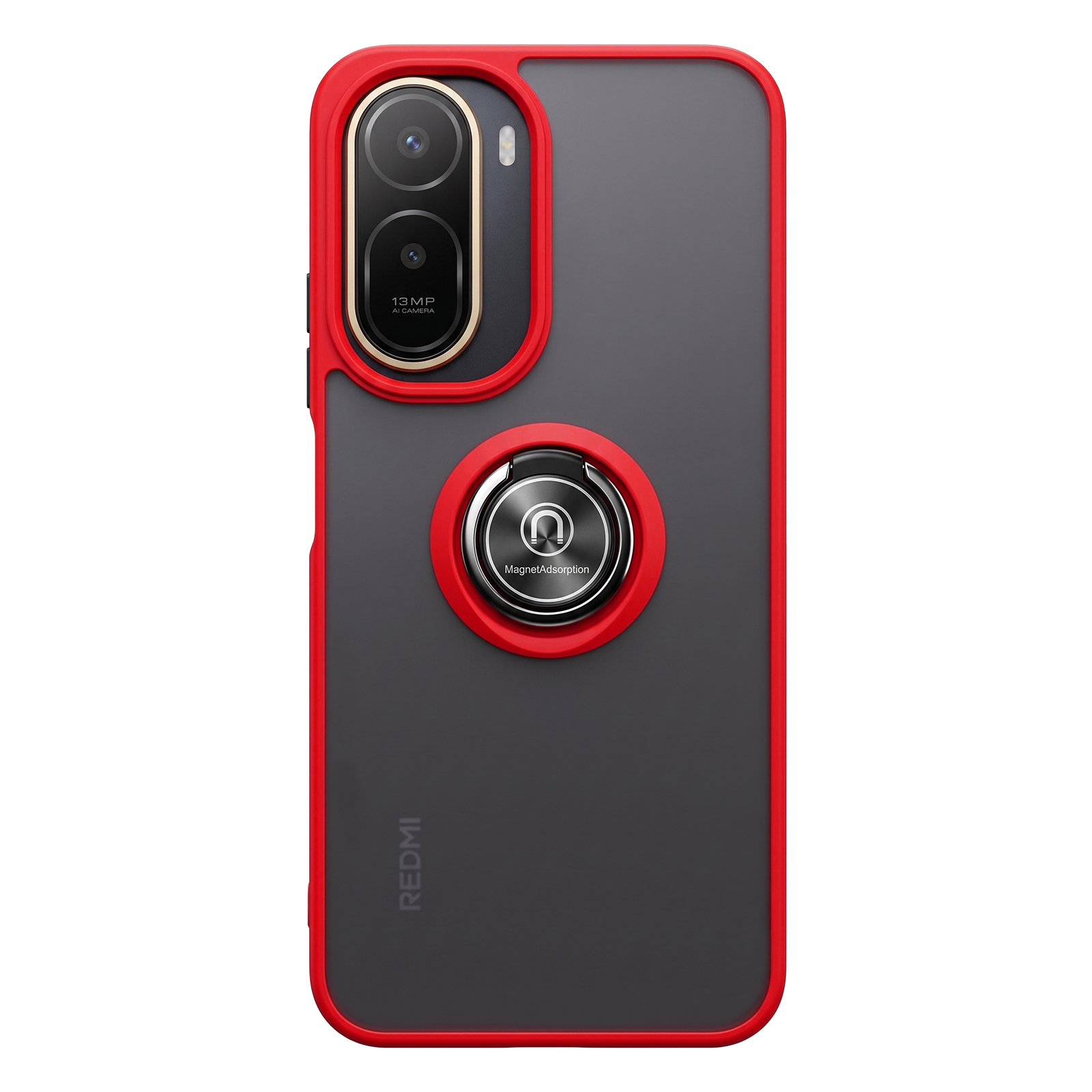 Funda de teléfono negra con borde rojo, cámara y soporte de anillo.