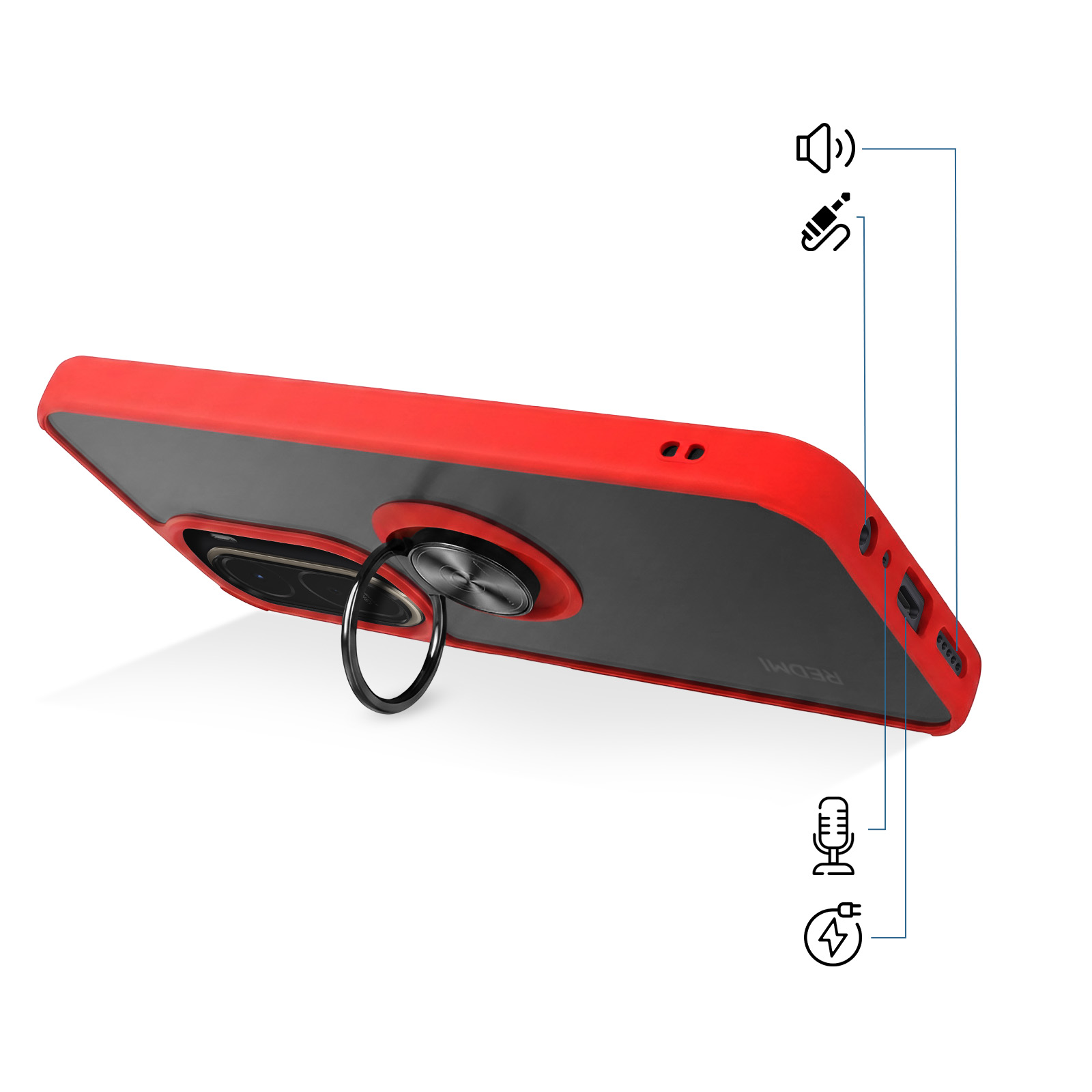 Funda roja para teléfono con parte trasera transparente, soporte de anillo e iconos de altavoz, micrófono y carga.