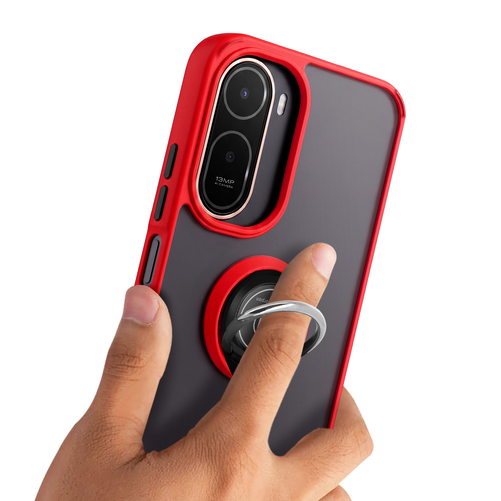 Una mano sostiene un smartphone con marco rojo y carcasa negra, con soporte de anillo.