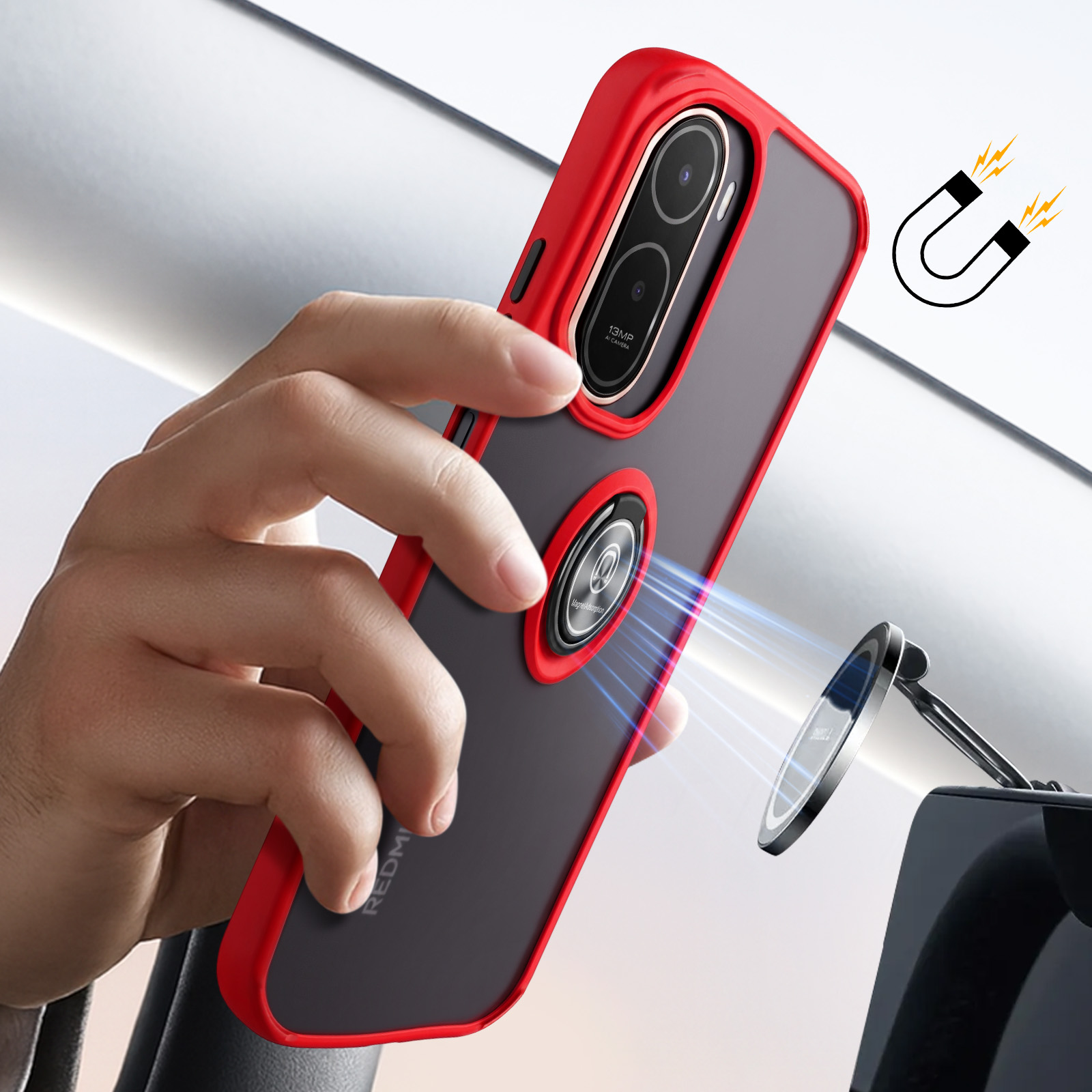 Mano sujetando funda roja con anillo magnético cerca de soporte coche.
