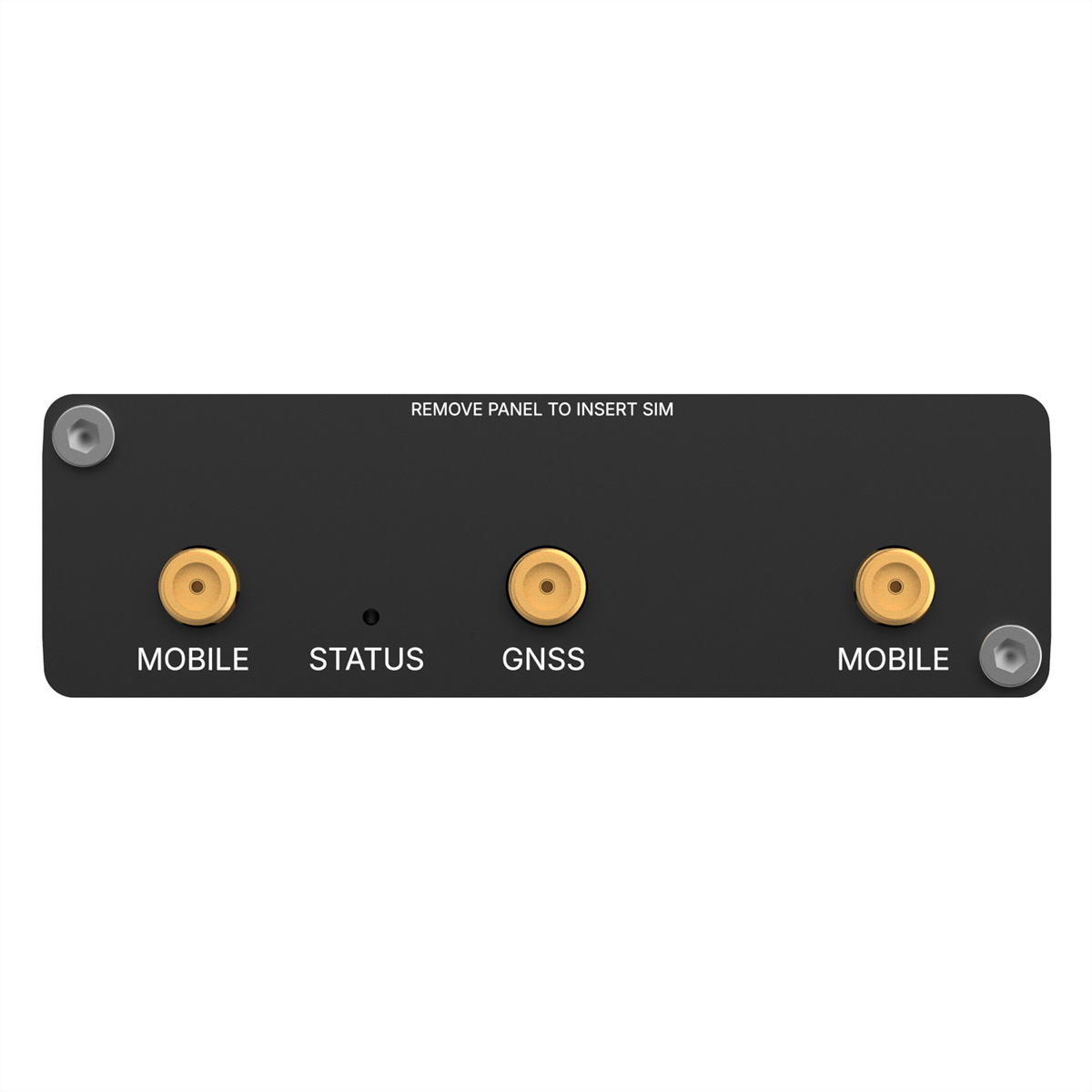 Schwarzes Gehäuse mit drei Anschlüssen: MOBILE, STATUS und GNSS.