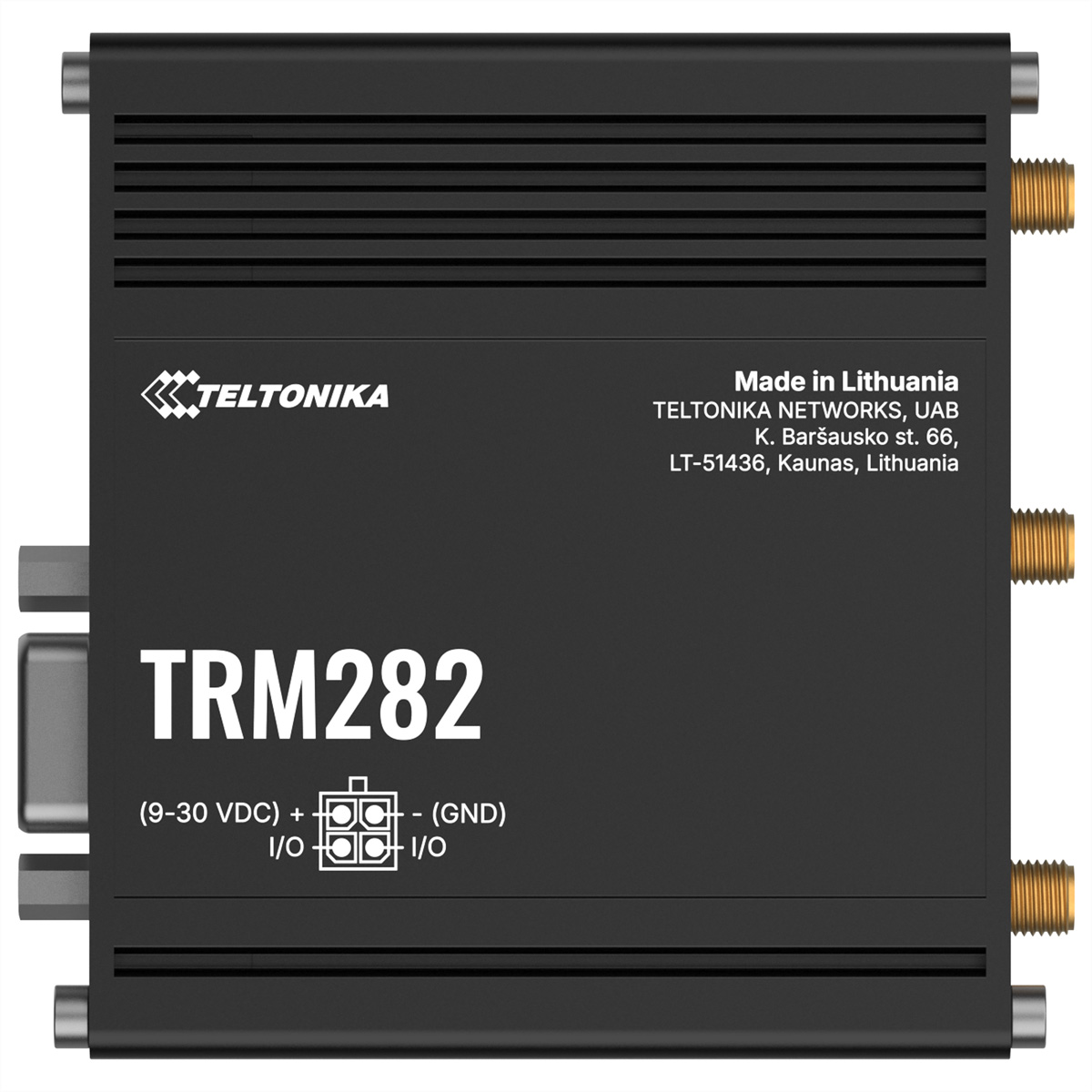 Schwarzes Teltonika TRM282 mit Anschlüssen und Beschriftung.