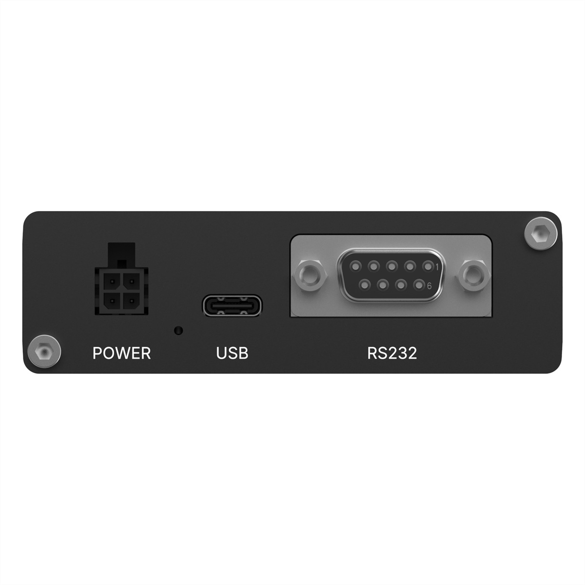 Rückseite eines schwarzen Geräts mit Anschlüssen: Strom, USB-C und RS232.