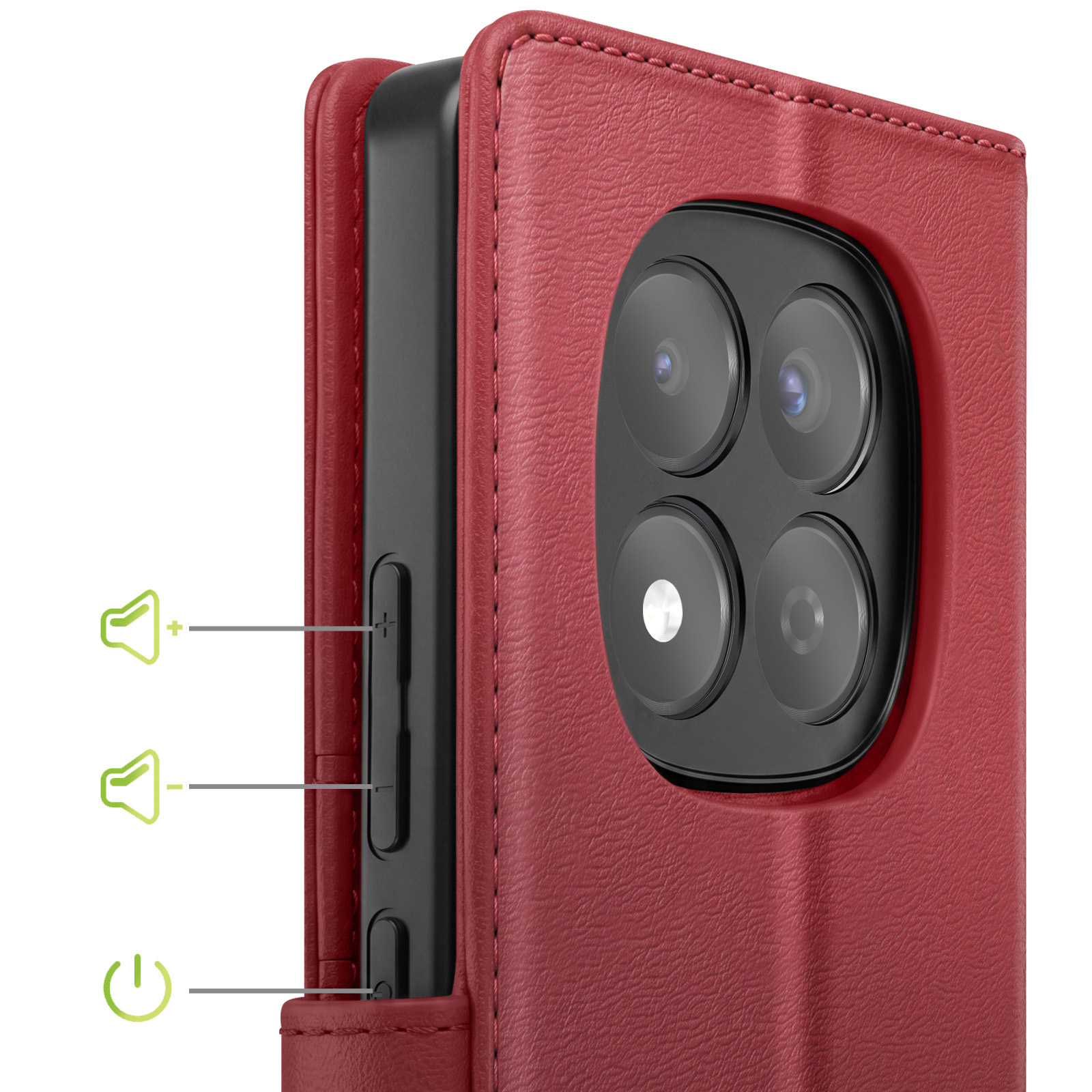 Funda de teléfono roja con recorte de cámara y botones laterales.