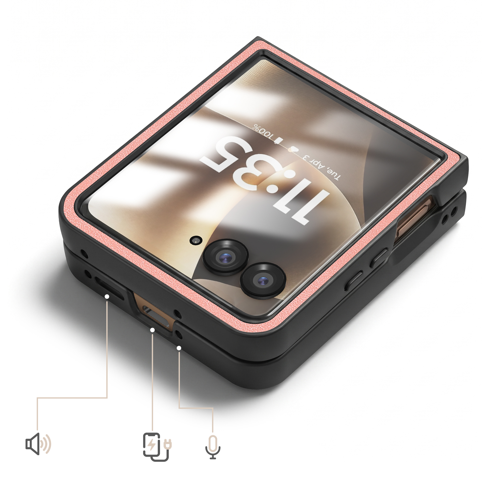 Ein geschlossenes Smartphone in Schwarz mit roségoldenem Rand. Die Uhrzeit 11:35 wird angezeigt.
