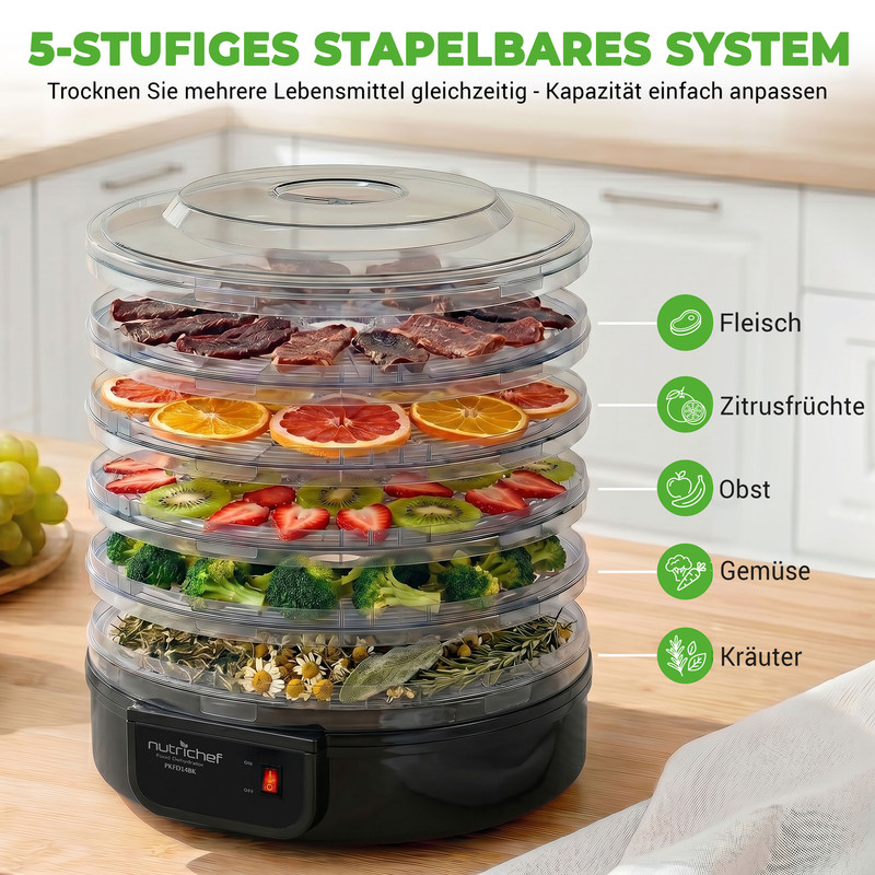Ein 5-stufiger Dörrautomat mit Fleisch, Obst, Gemüse und Kräutern.