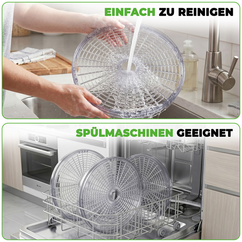 Oben: Hände reinigen ein durchsichtiges Gitter. Unten: Gitter in Spülmaschine.