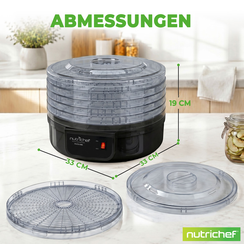 Nutrichef Dörrgerät, 33cm breit, 19cm hoch, mit Einsätzen und Deckel.