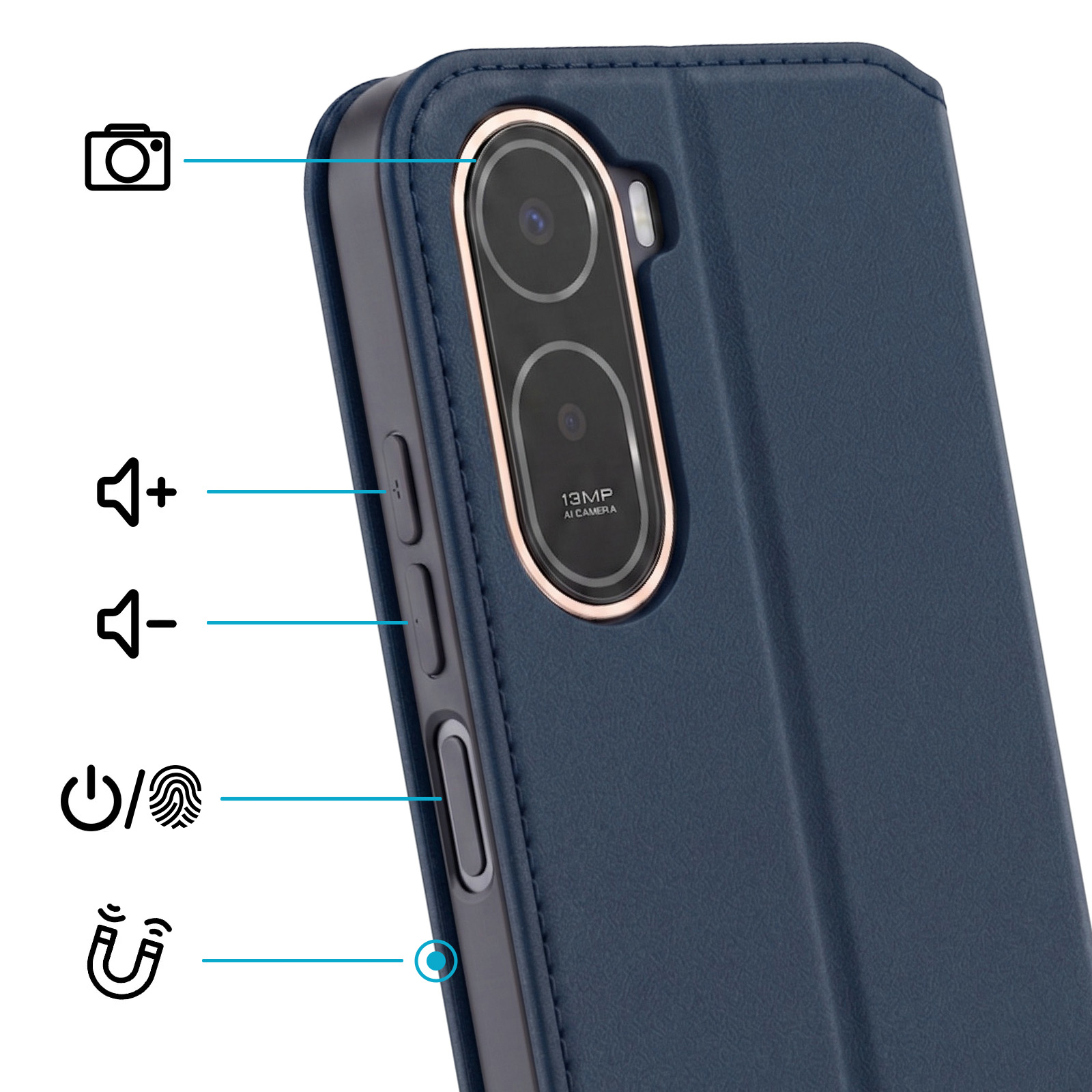Eine blaue Handyhülle mit Kamera-, Lautstärke-, Strom-/Fingerabdruck- und Magnet-Symbolen.