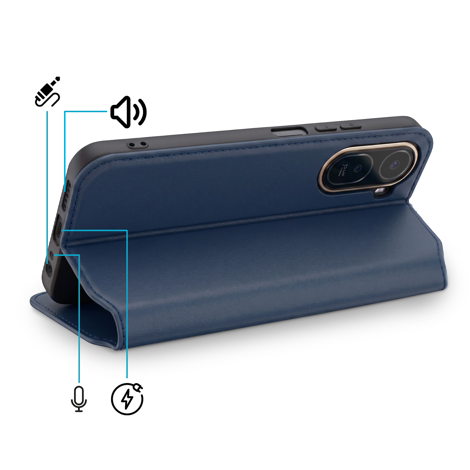 Blaues Handy-Flipcase mit Kamera, Mikrofon, Lautsprecher und Ladeanschluss-Symbolen.