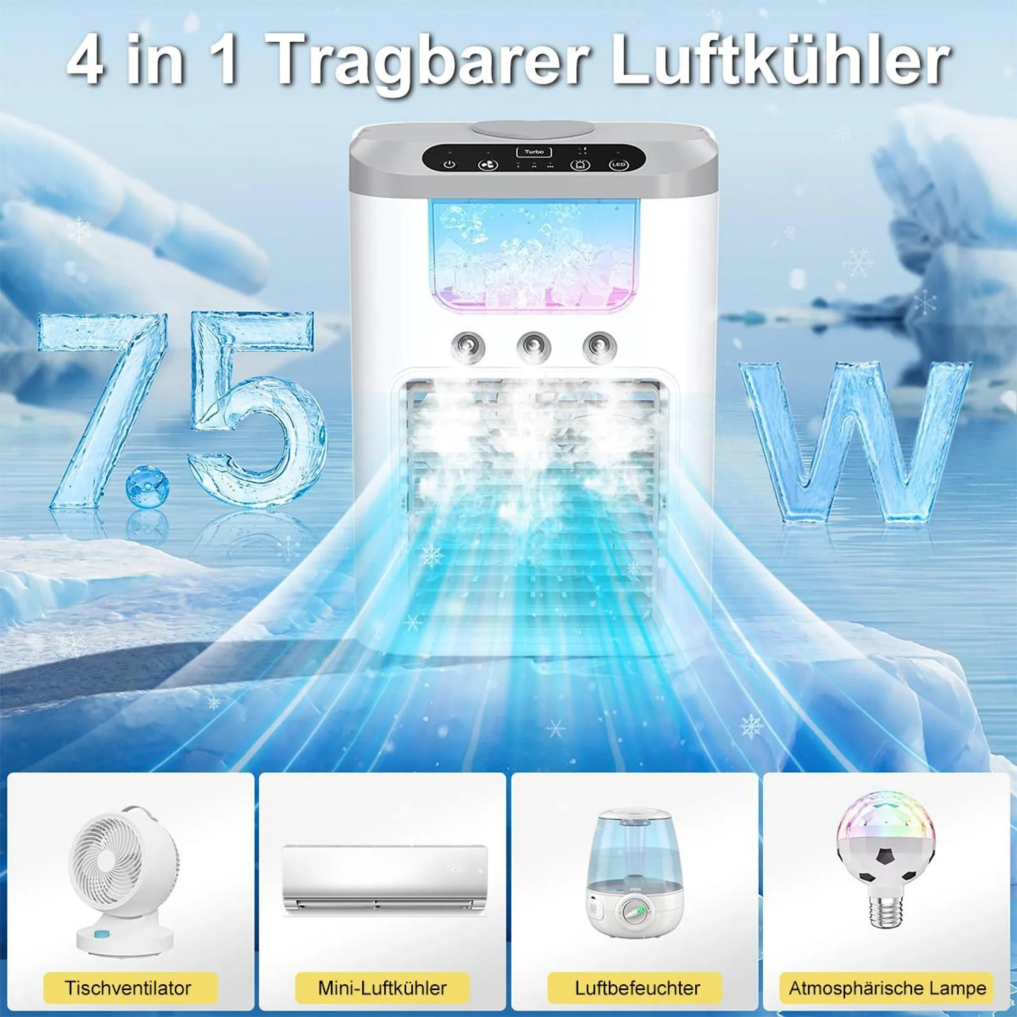 Ein tragbarer 4-in-1-Luftkühler mit Eis und kühlem Luftstrom.