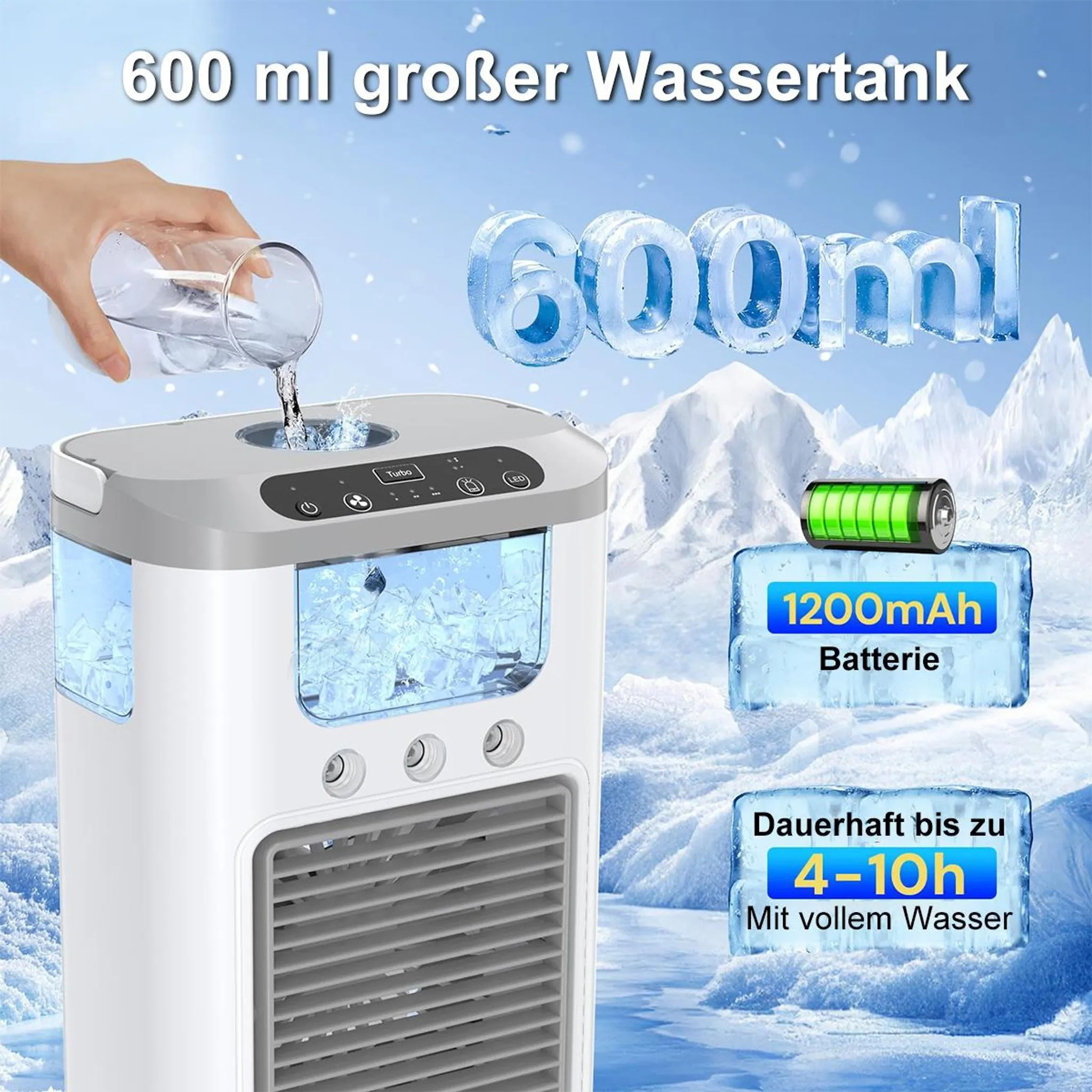 Ein tragbarer Klimaanlage mit 600ml Tank, 1200mAh Batterie, Laufzeit 4-10h.