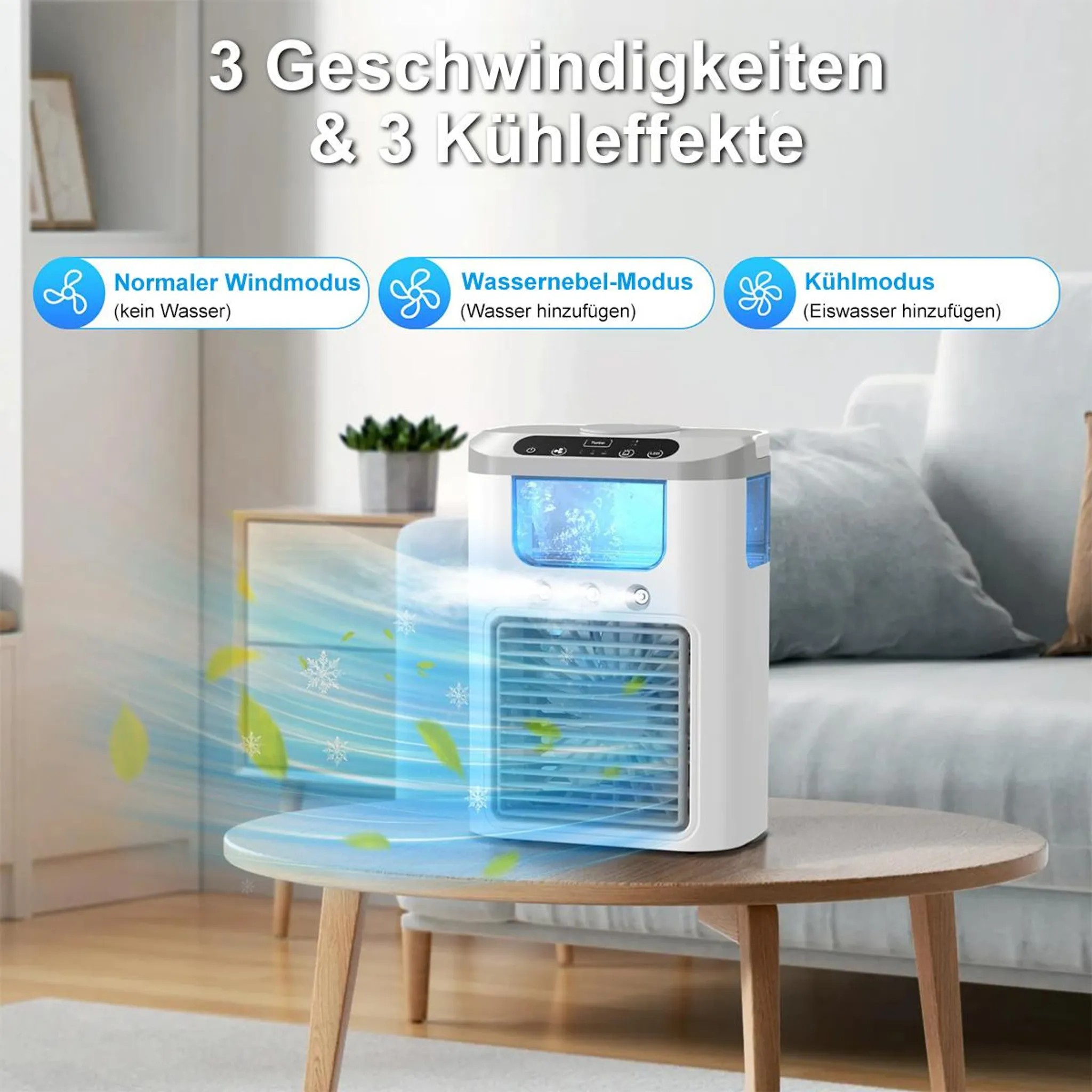 Ein weißer Luftkühler mit blauen Akzenten steht auf einem Tisch. Er hat 3 Modi.