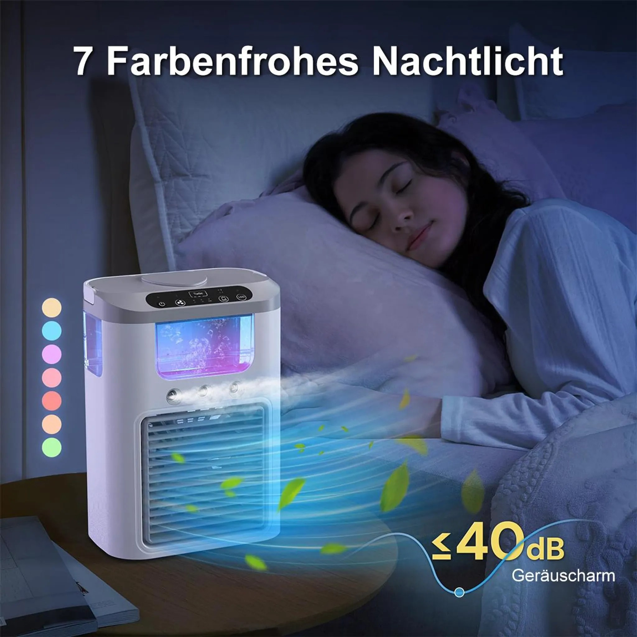 Ein tragbarer Luftkühler mit 7 Farben leuchtet neben einer schlafenden Person.
