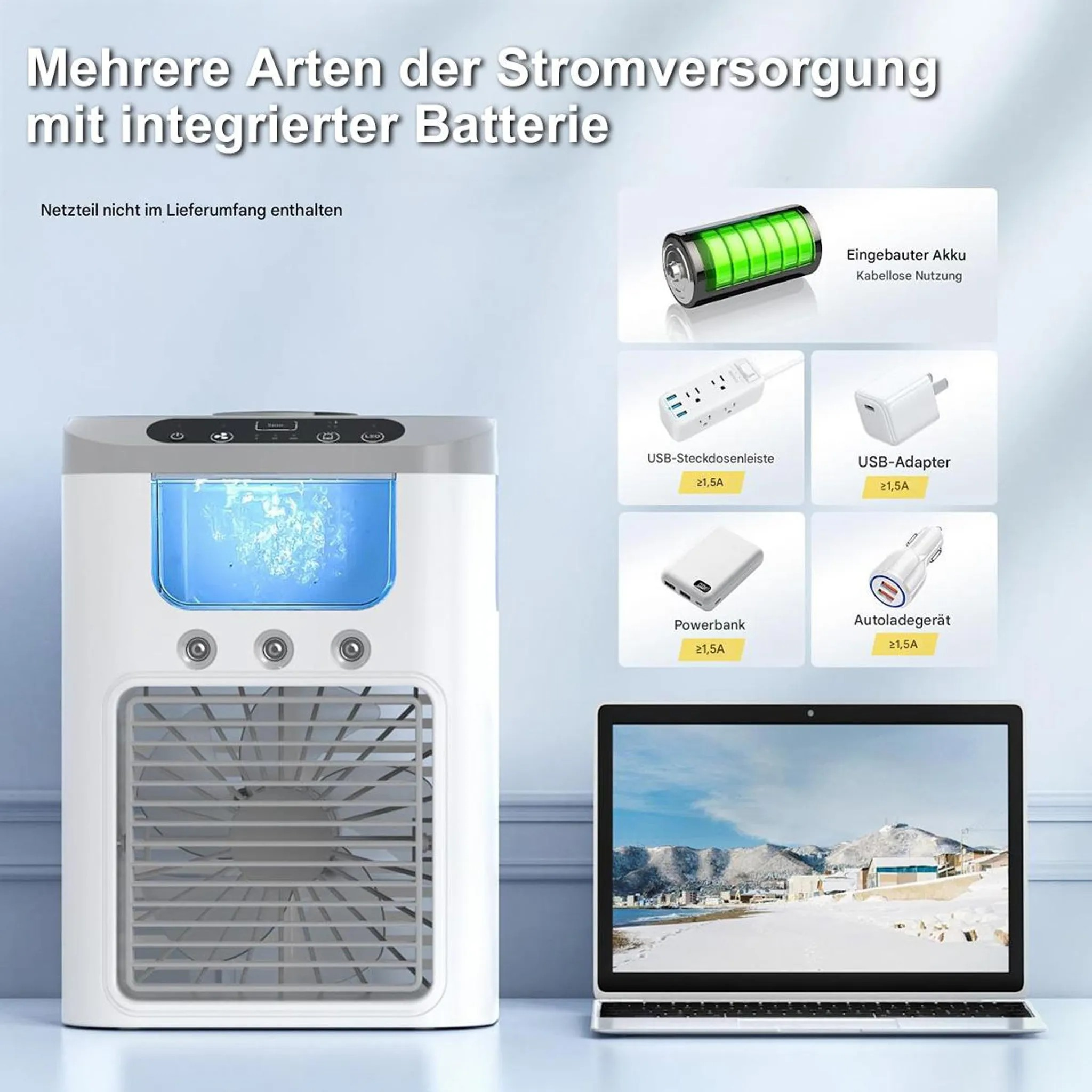 Tragbarer Kühler mit Batterie, Steckdose, USB-Adapter, Powerbank und Autoladegerät.