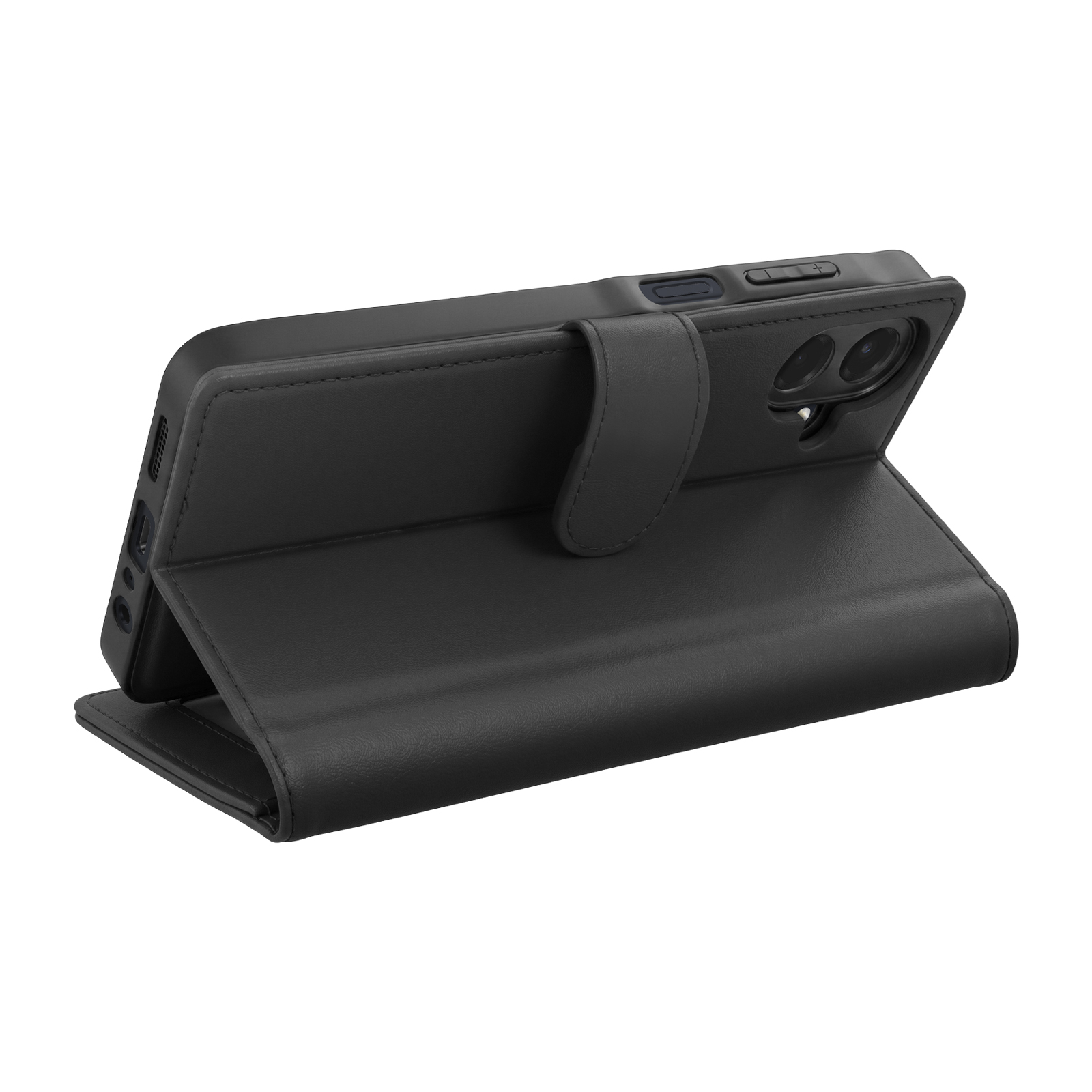 Funda tipo libro de cuero negro para smartphone, abierta por un lado.