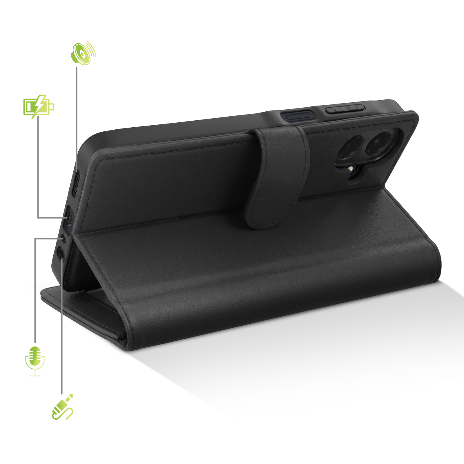 Funda de teléfono de cuero negro de pie, mostrando puertos y cámara.