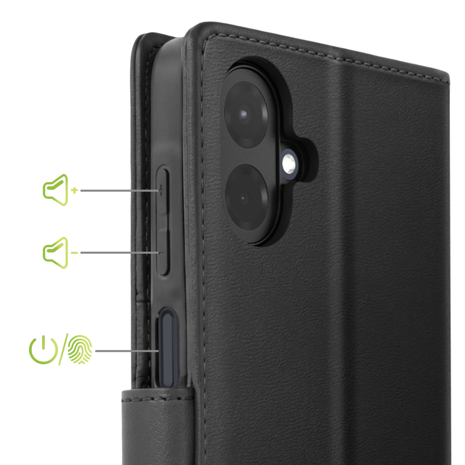 Teléfono negro en funda de cuero, mostrando botones de volumen y sensor de huellas.