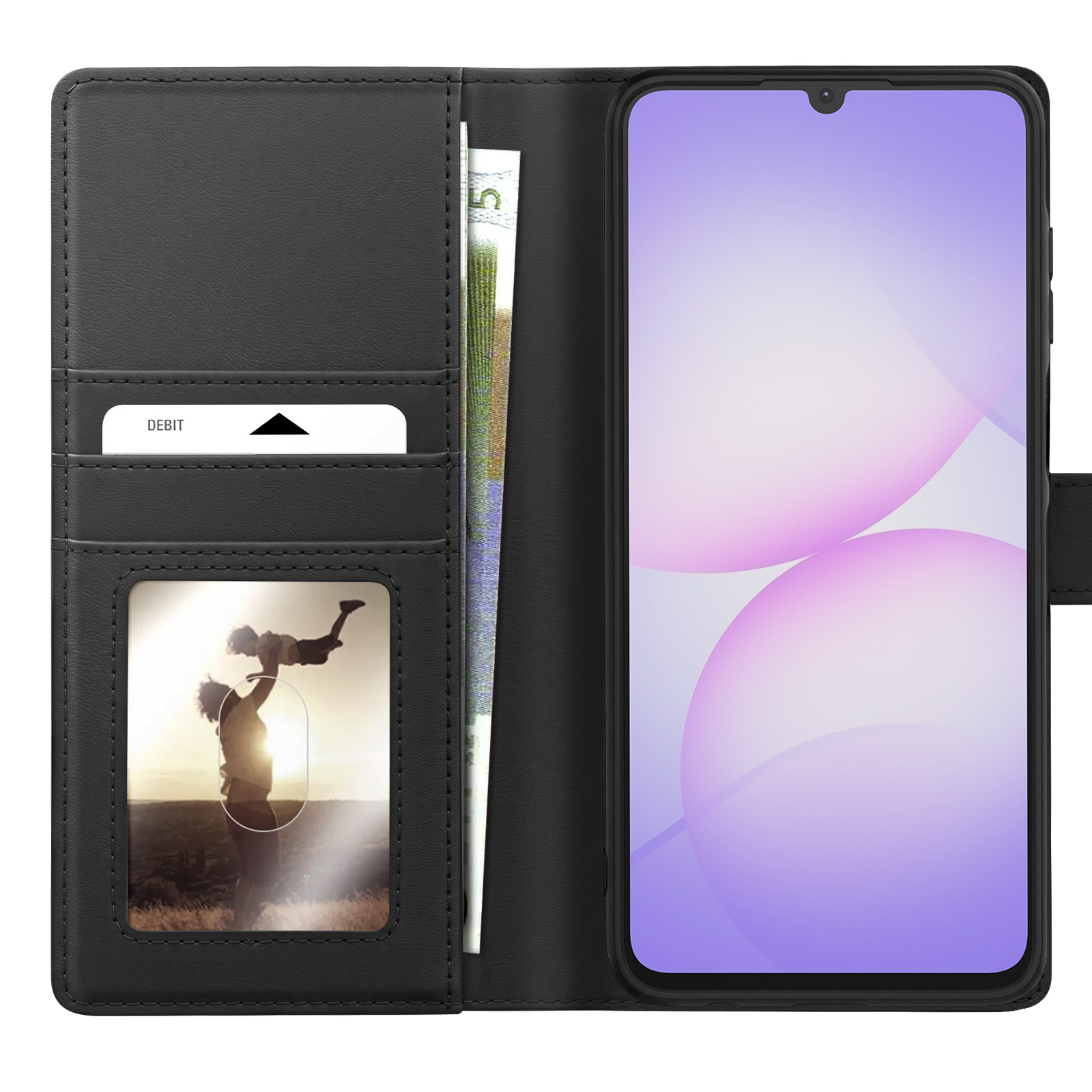 Cartera de teléfono negra con teléfono, ranura para DNI, ranura para efectivo y foto.