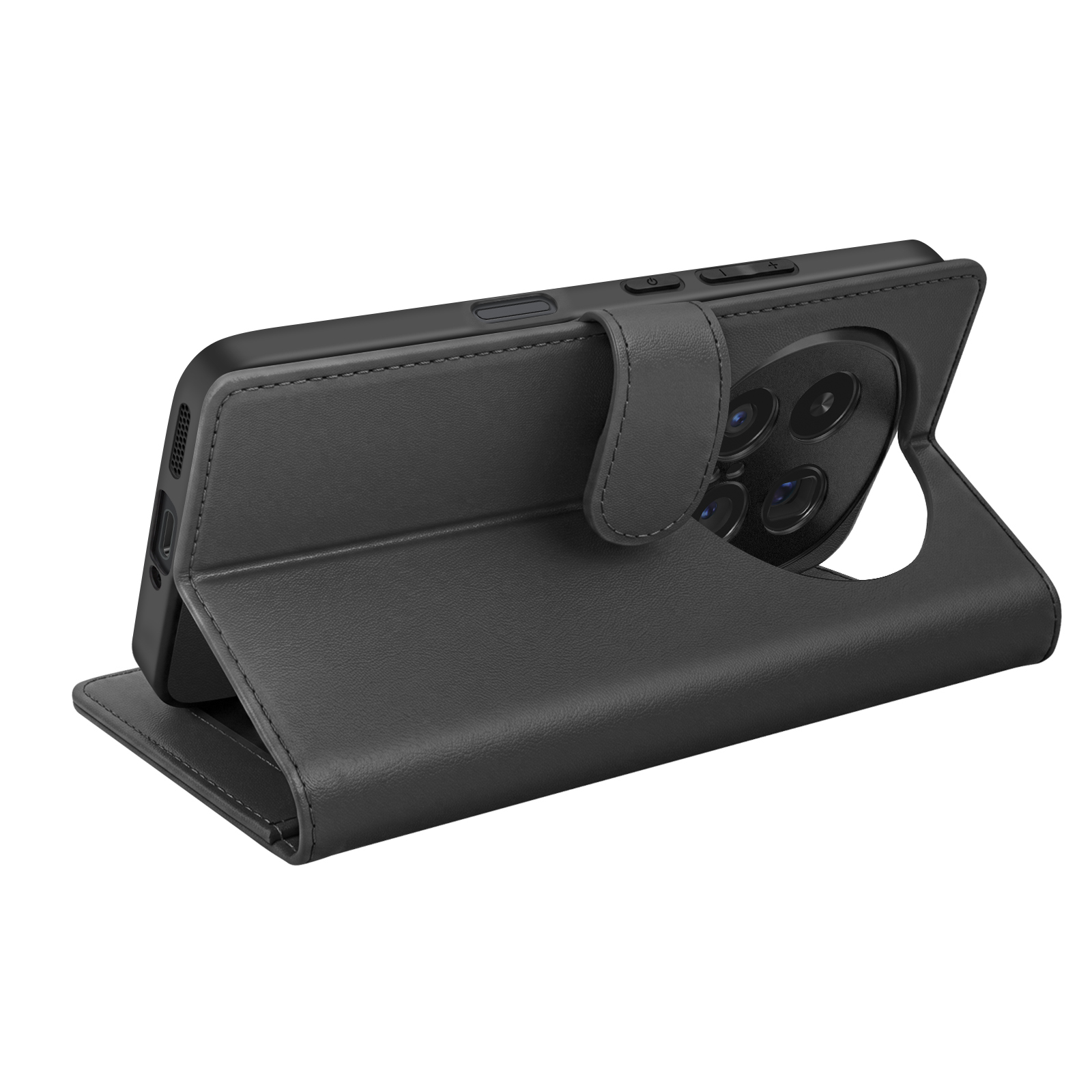 Ein schwarzes Smartphone in einer offenen Lederhülle, die als Ständer dient.