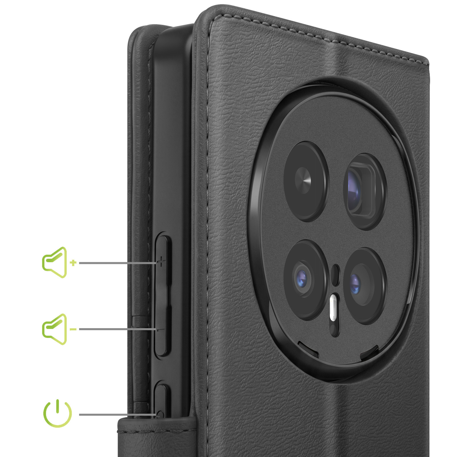 Schwarzes Lederetui für ein Smartphone mit sichtbarer Kamera und Tasten.
