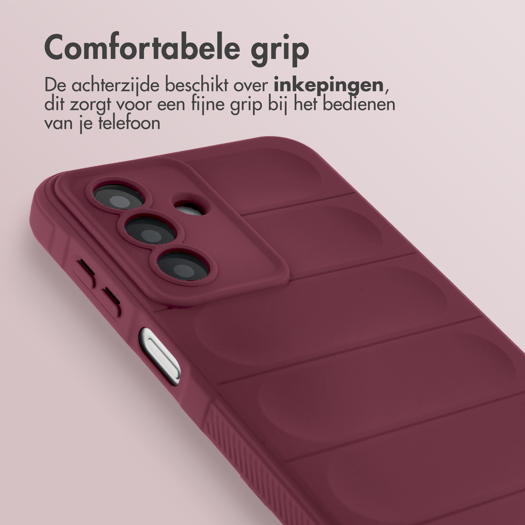 Maroon phone case with camera lenses and grooves for a comfortable grip.
