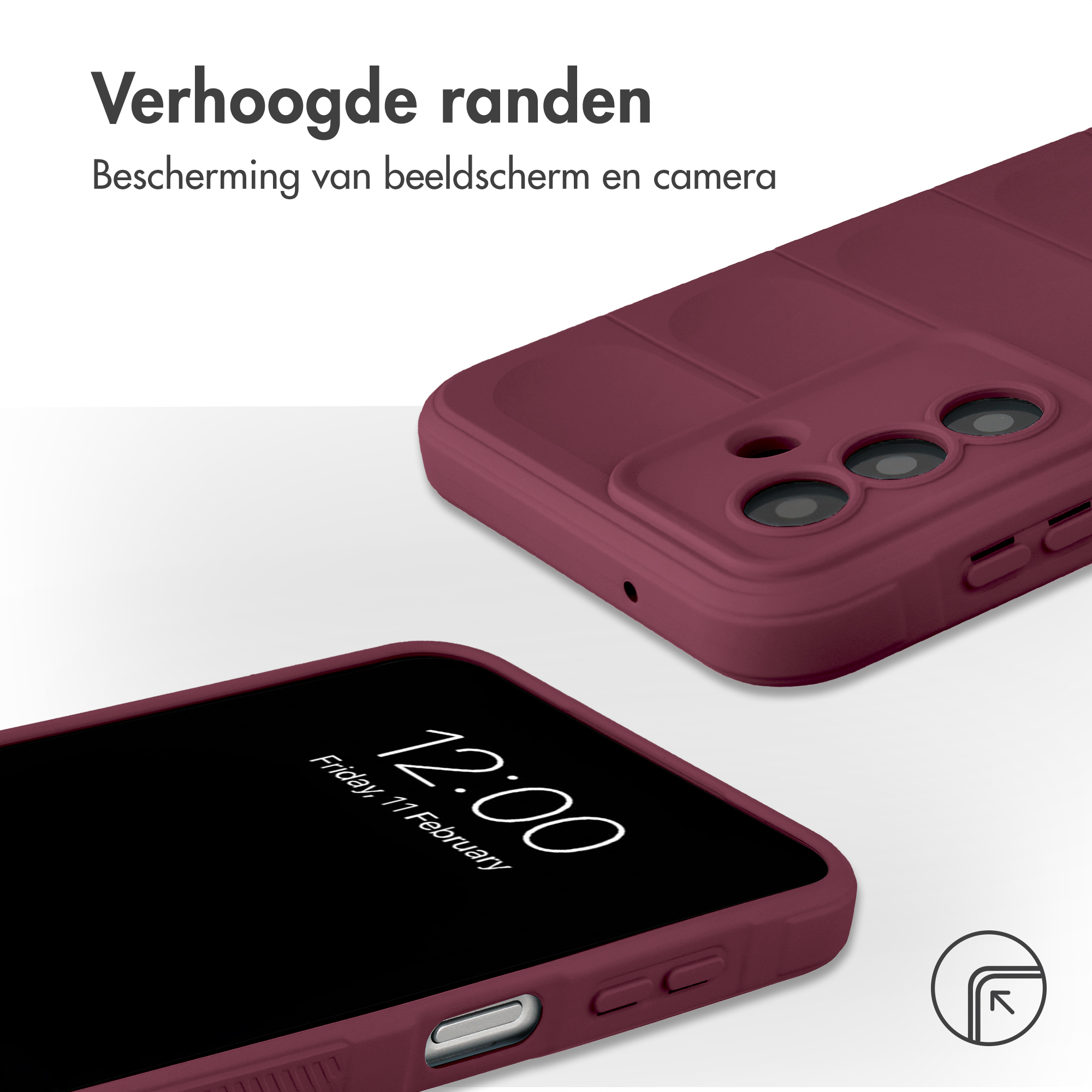 A burgundy phone case with raised edges. Close-up shot.