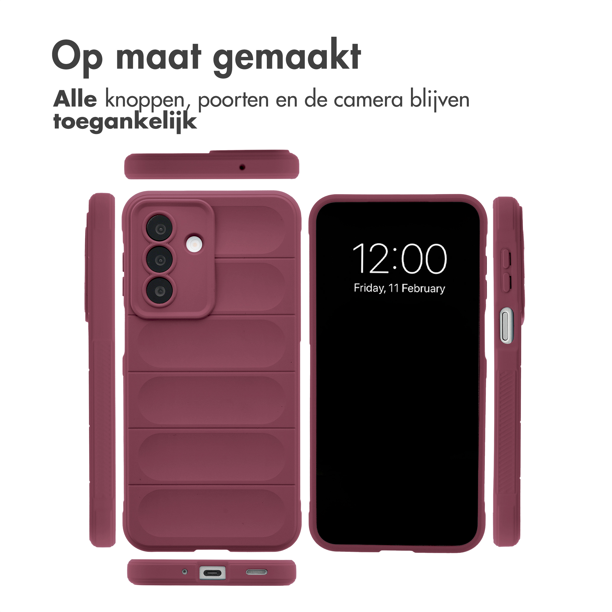 A maroon phone case with camera cut-out and a screen display.