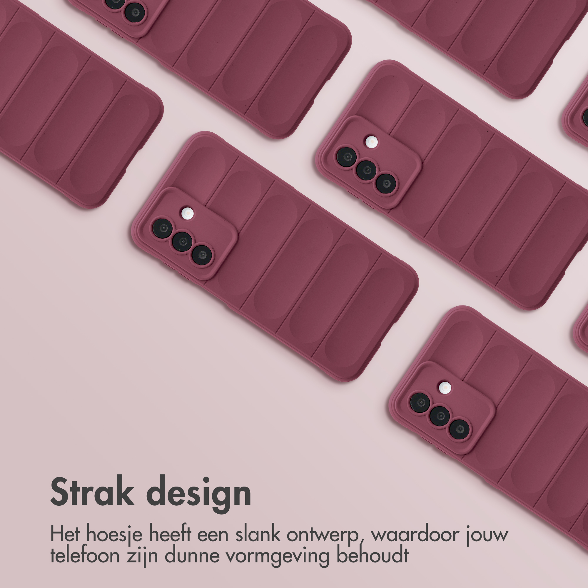 Multiple maroon phone cases with vertical ridges on a pink background.