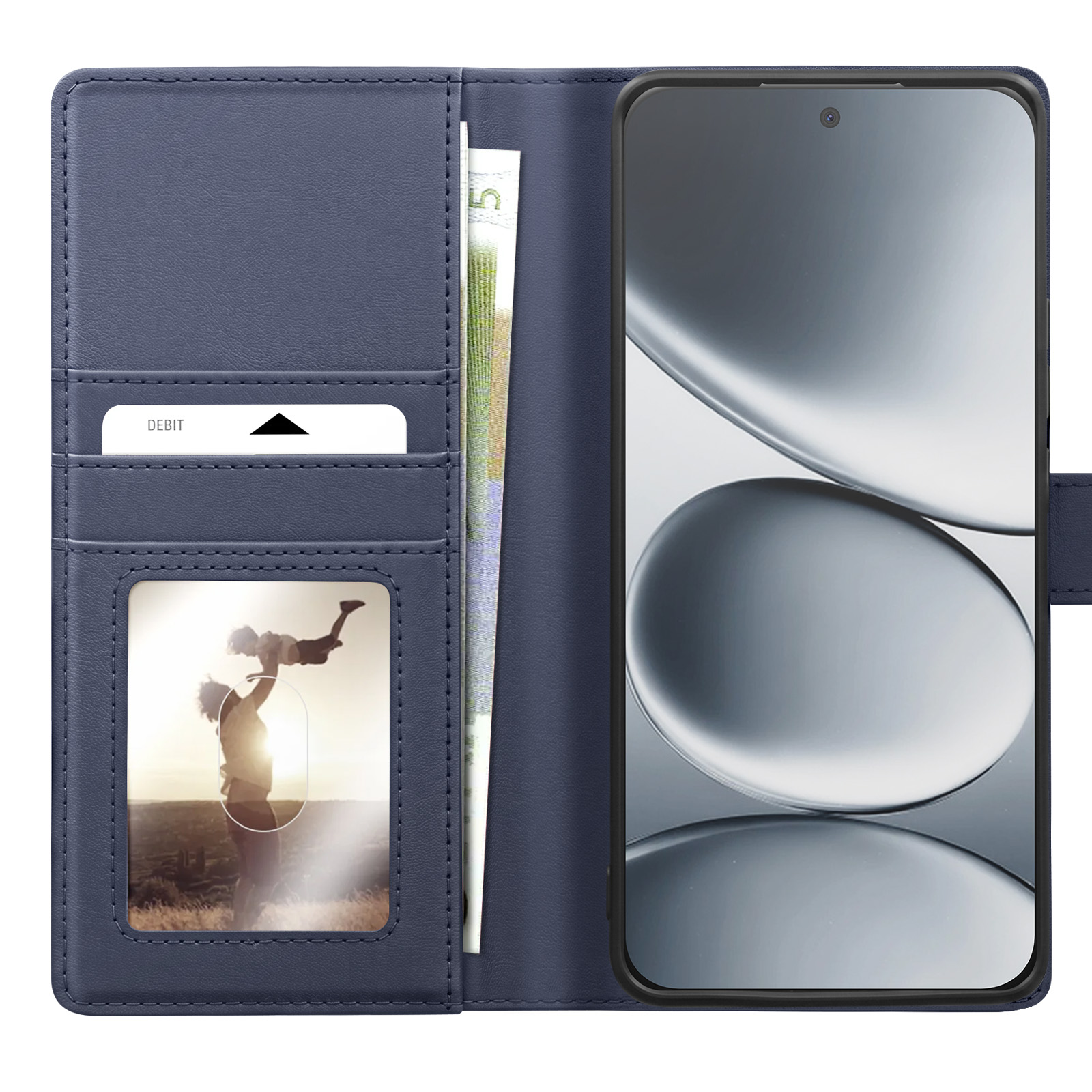 Eine blaue Brieftasche mit Handy, Debitkarte und Geldschein.