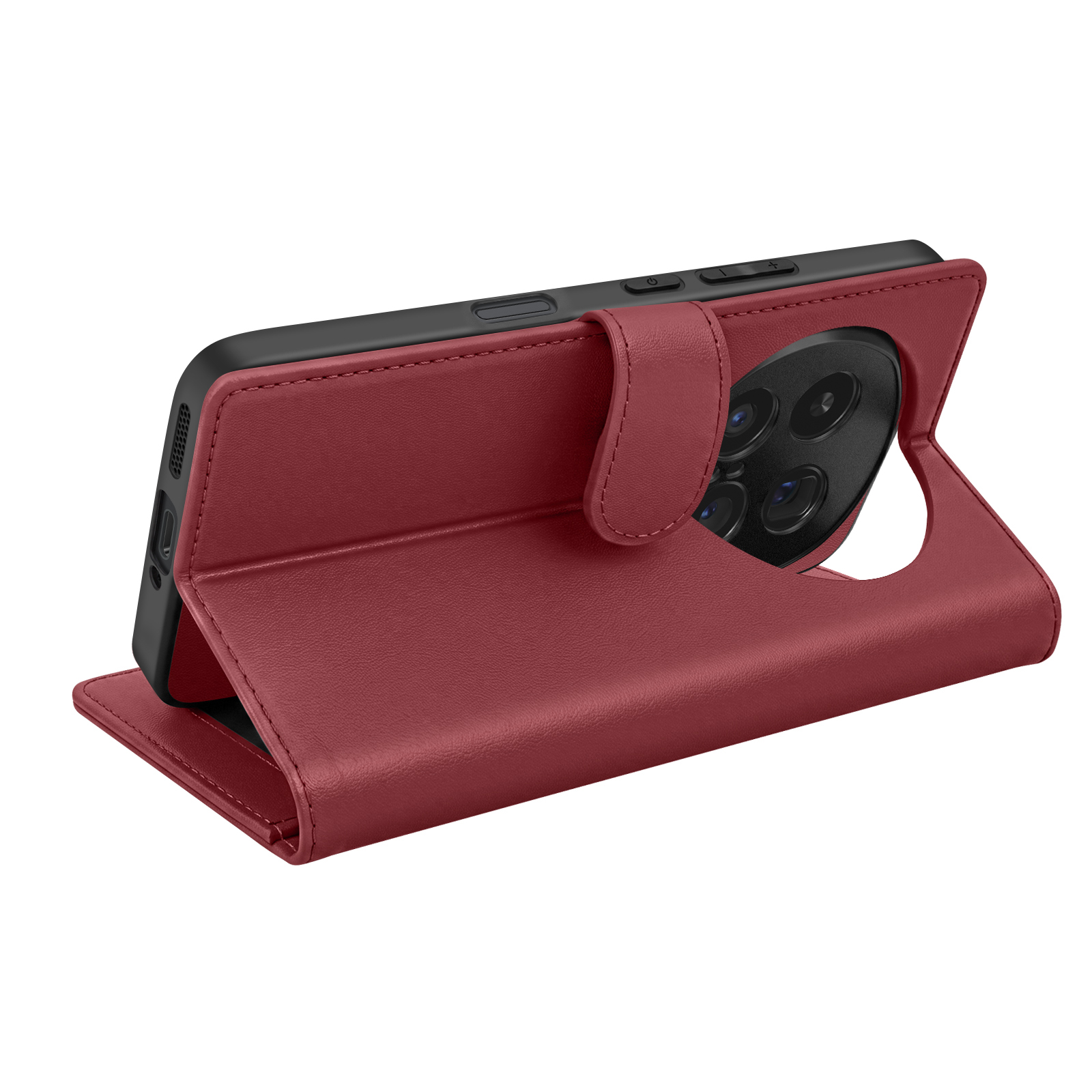 Rotes Leder-Flip-Handyhülle mit offenem Kamerabereich und Ständerfunktion.