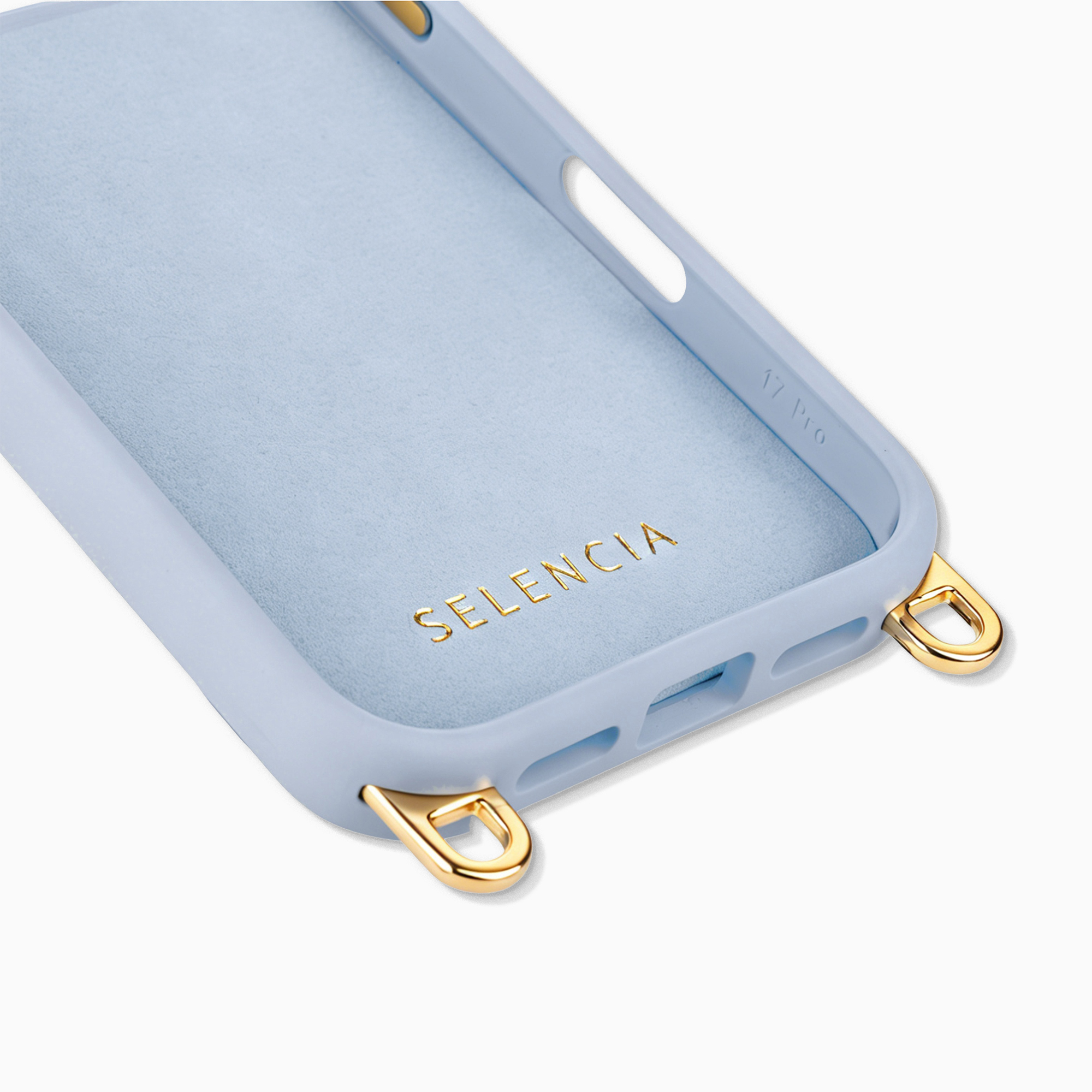 Lichtblauwe telefoonhoes met gouden oogjes en interieur logo.
