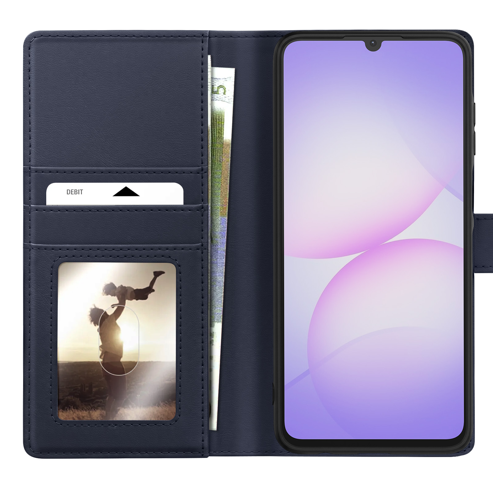 Dunkelblauer Handy-Wallet mit Geldscheinen, einer Debitkarte und einem Foto von einem Kind.