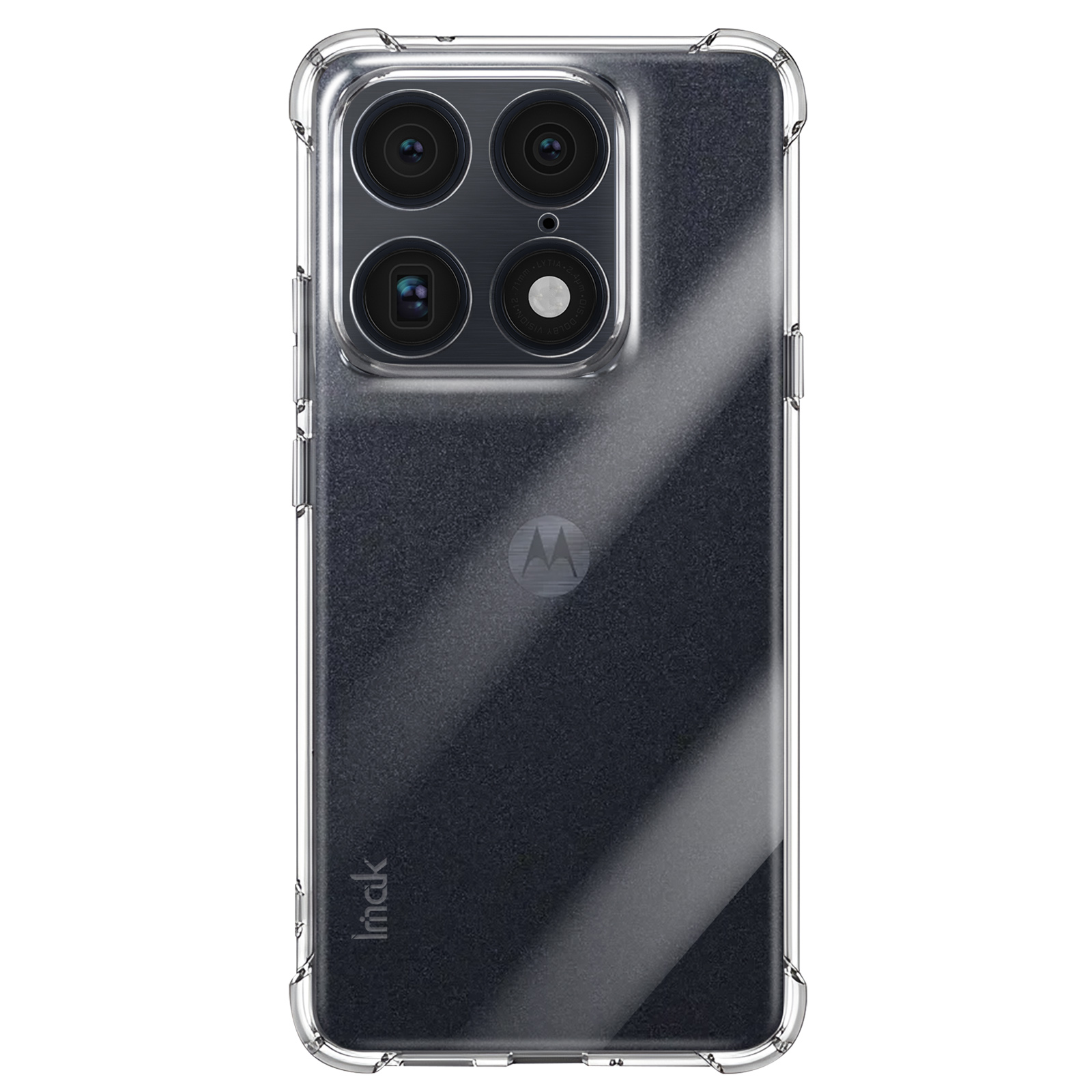 Transparente Handyhülle mit vierfacher Rückkamera und Motorola-Logo.