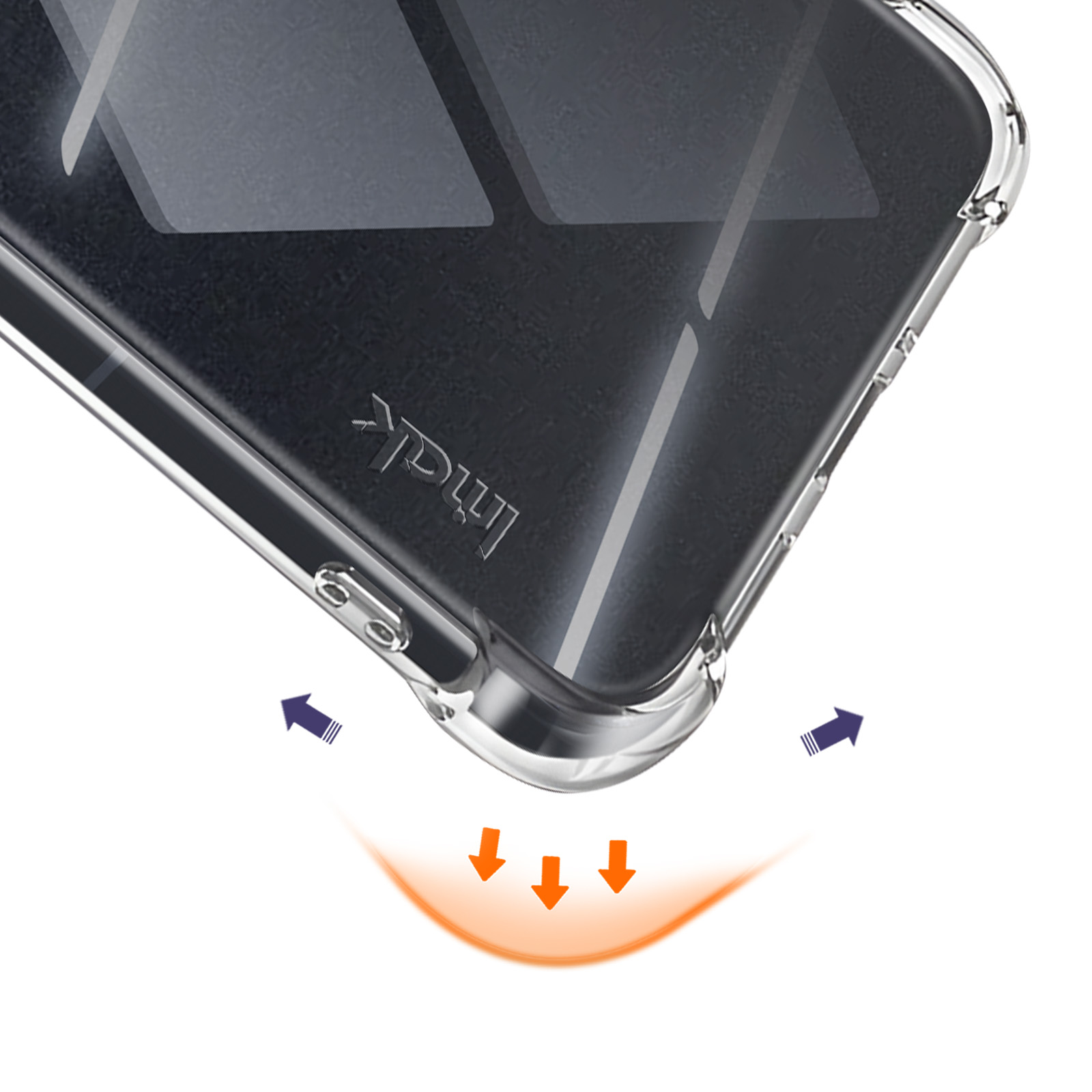 Transparente Handyhülle mit Logo und Pfeilen, die Stoßdämpfung anzeigen.
