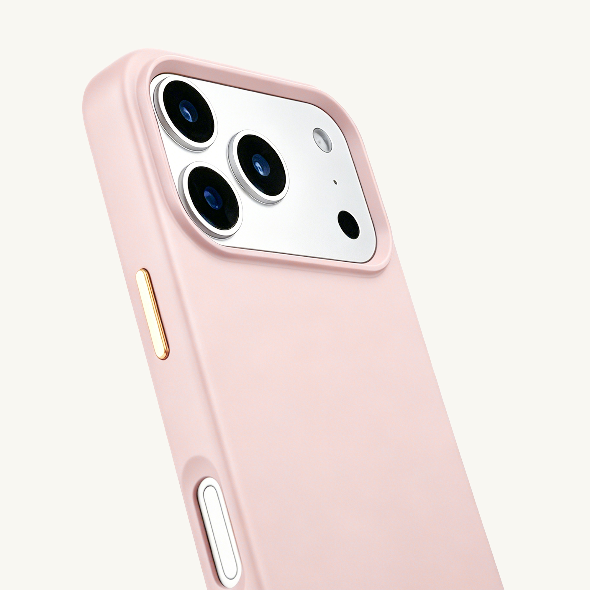 Een roze telefoonhoesje met cameramodule en gouden knop.
