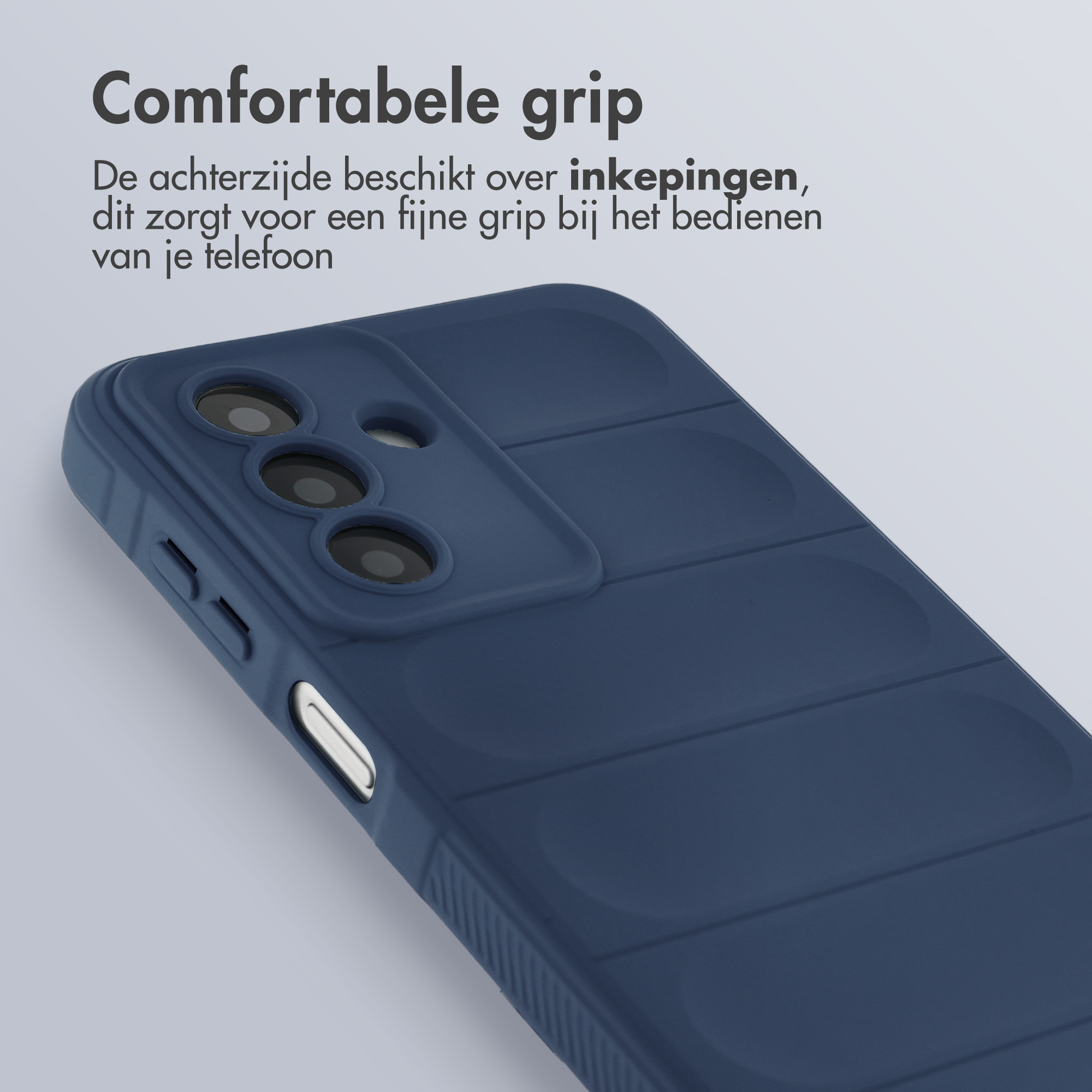 Dark blue phone case with grooves for a comfortable grip. Cameras and buttons visible.