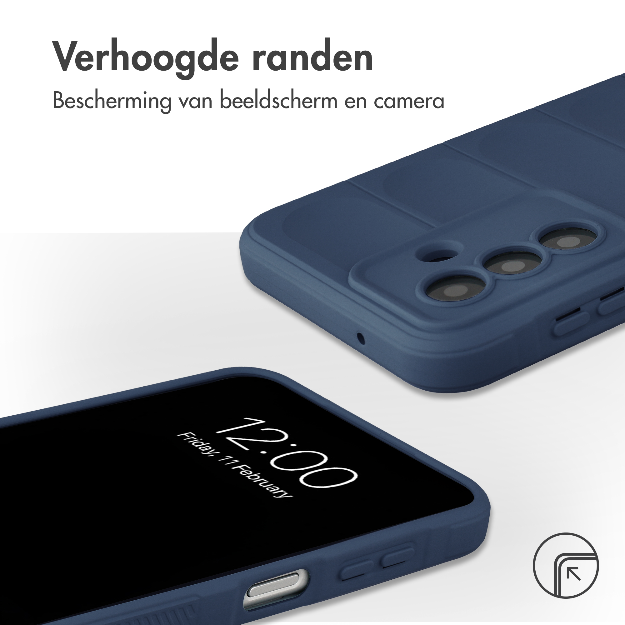 Dark blue phone case shows raised edges around camera and display.