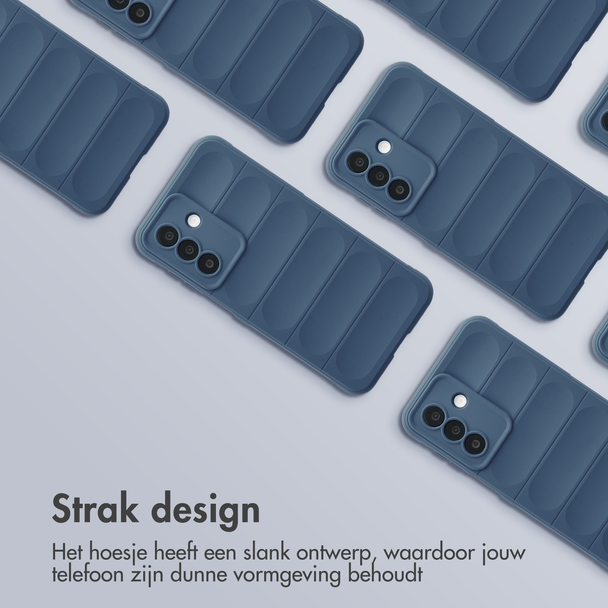 Multiple blue phone cases with a ribbed pattern on a gray background.
