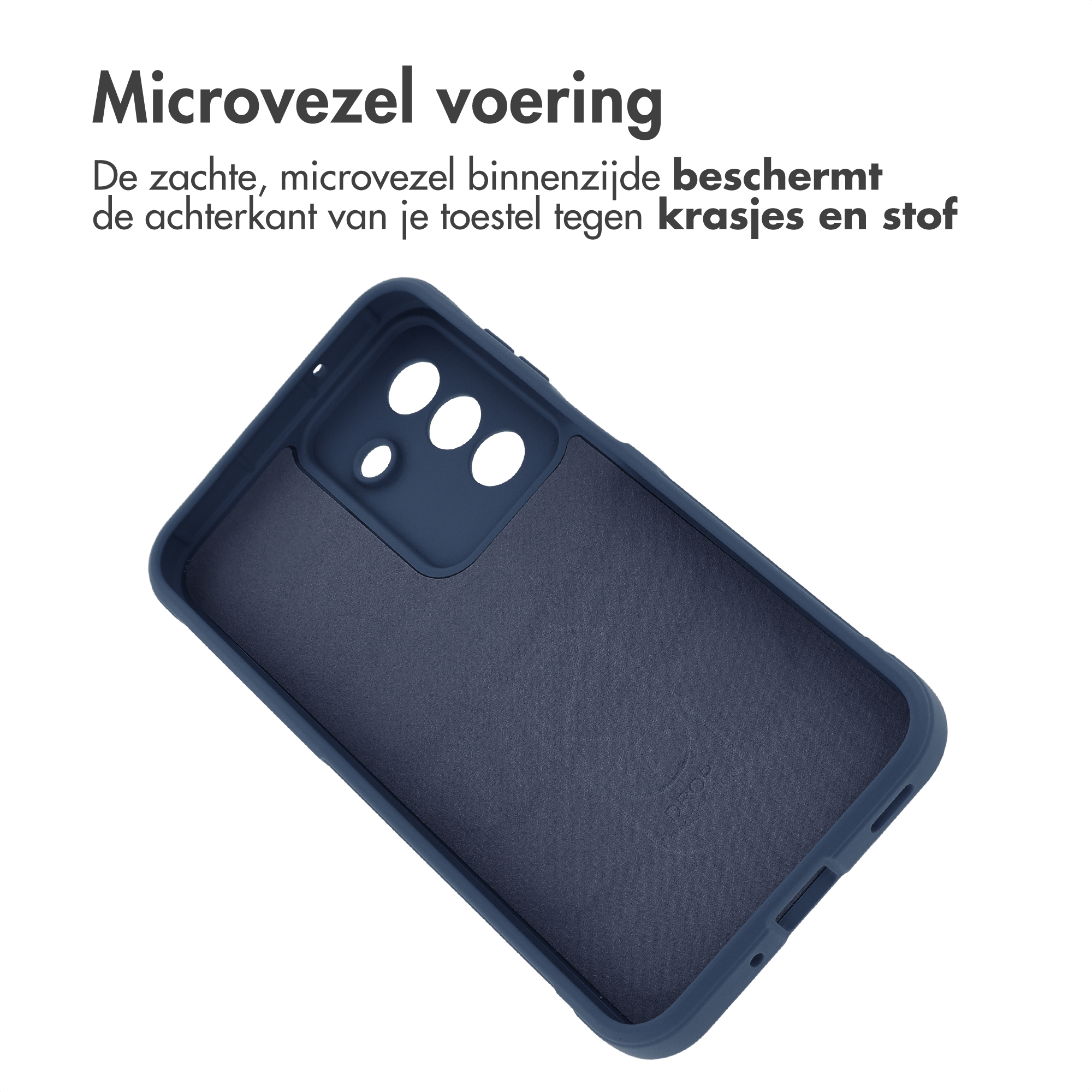 Dark blue phone case with microfiber lining and camera cutout.