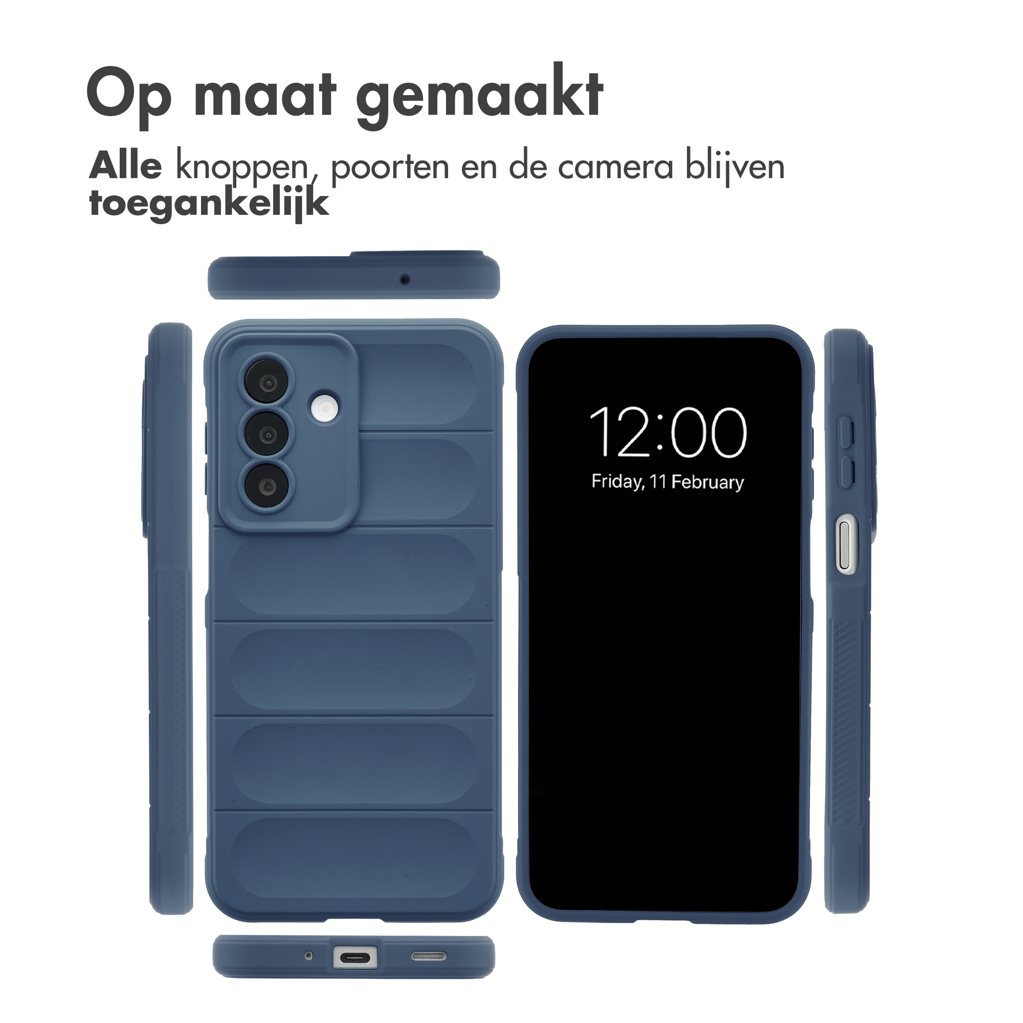 Blue phone case with camera and port access, showing 12:00.