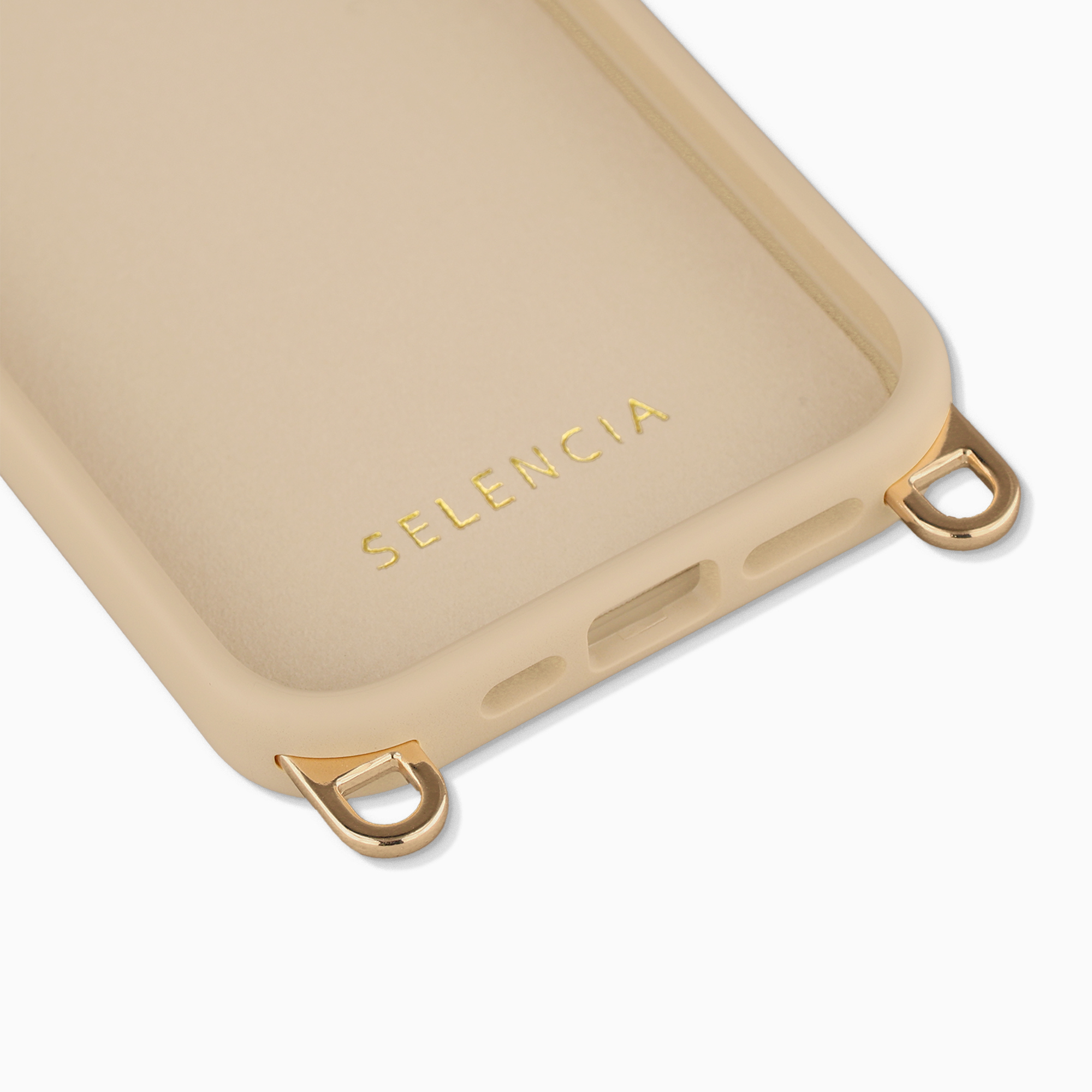 Une coque de téléphone beige avec des œillets dorés et le logo SELENCIA.