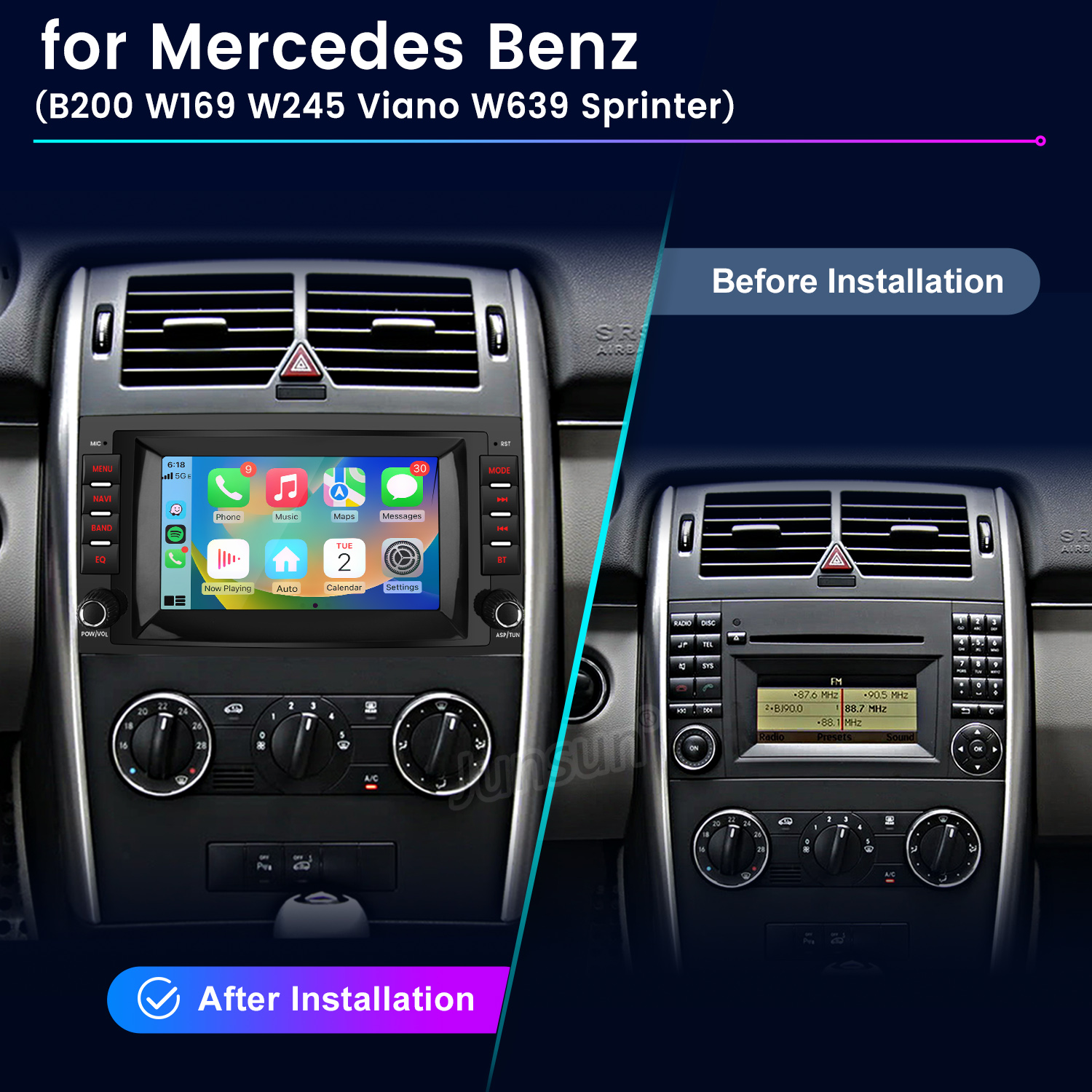 Vorher/Nachher-Vergleich eines Mercedes-Benz-Autoinnenraums mit Radioumbau.