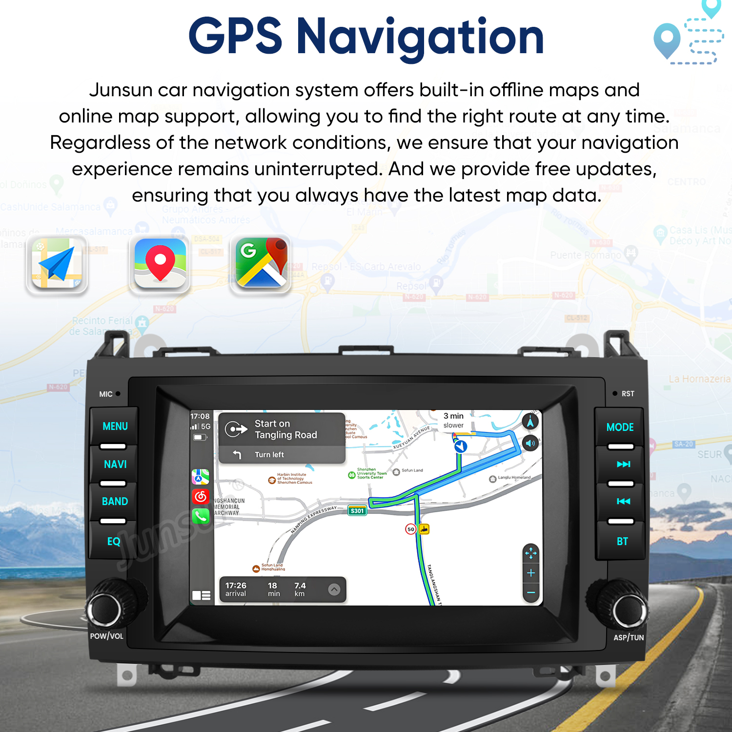 Auto-GPS-Navigationsbildschirm mit Karte und Route. Symbole für Apps in der Nähe.