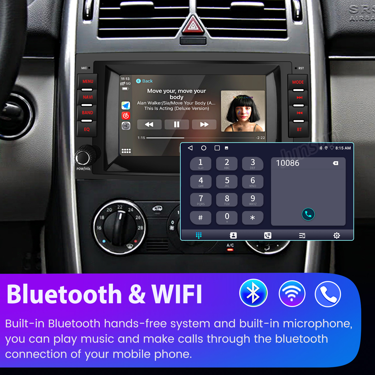 Auto-Infotainment-System mit Musikwiedergabe, Telefonie und Navigationsmenü.