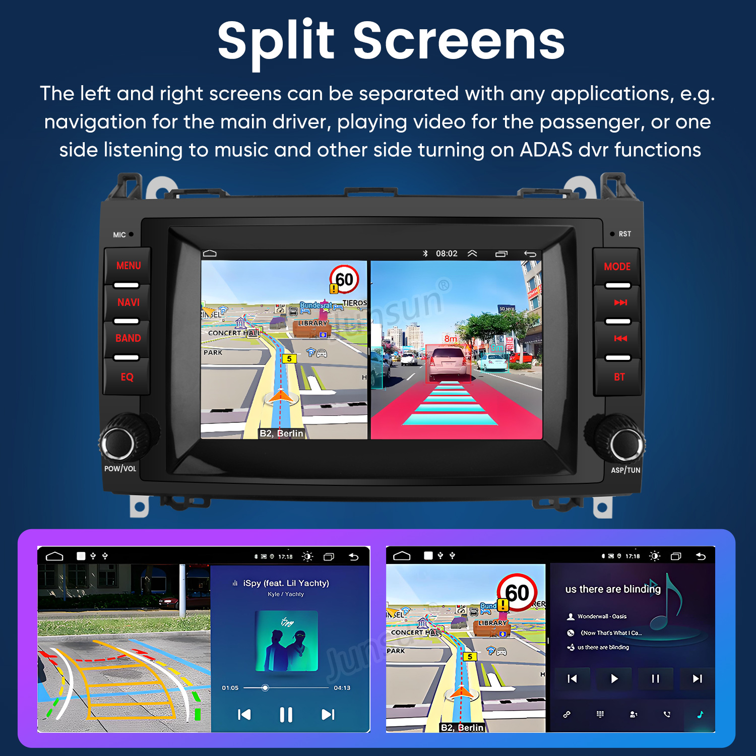 Auto-Infotainmentsystem mit Splitscreen-Navigation und Musik-Apps.