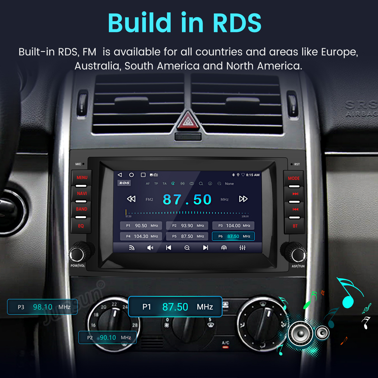 Das Bild zeigt ein Autoradio mit RDS-Funktion, das FM-Sender anzeigt.