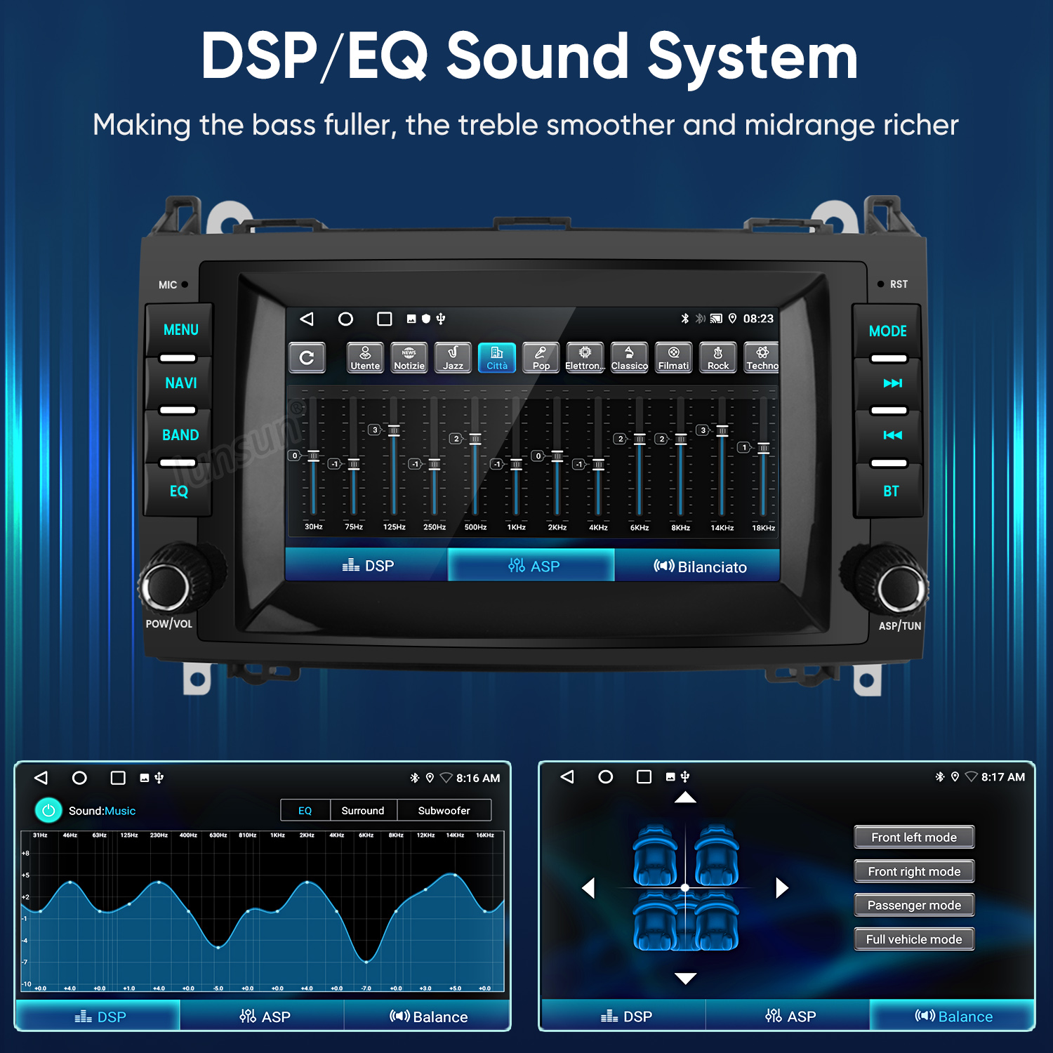 DSP/EQ-Soundsystem mit Equalizer- und Fahrzeugmoduseinstellungen.