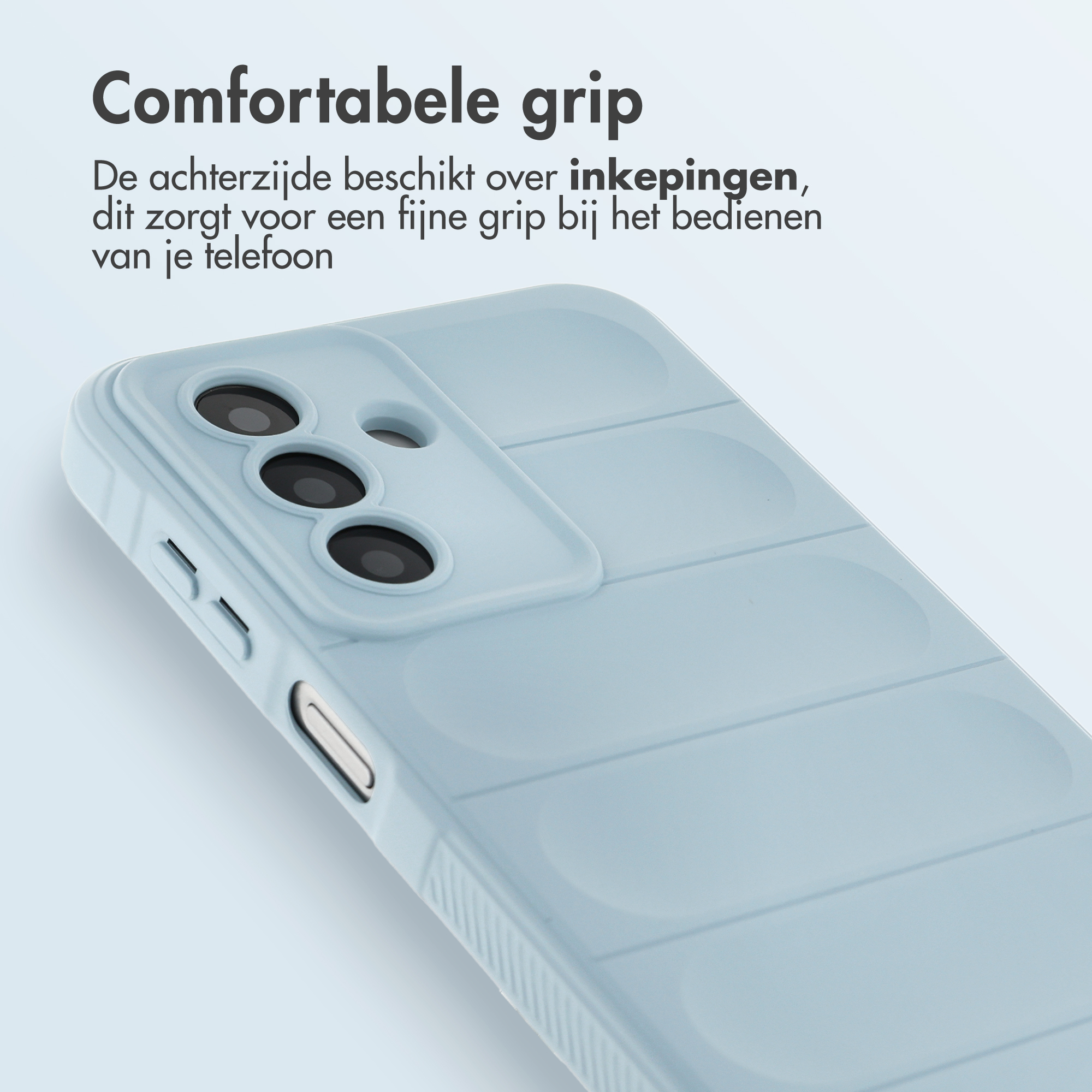 Light blue phone case with grooves and camera cutout. Offers comfortable grip.