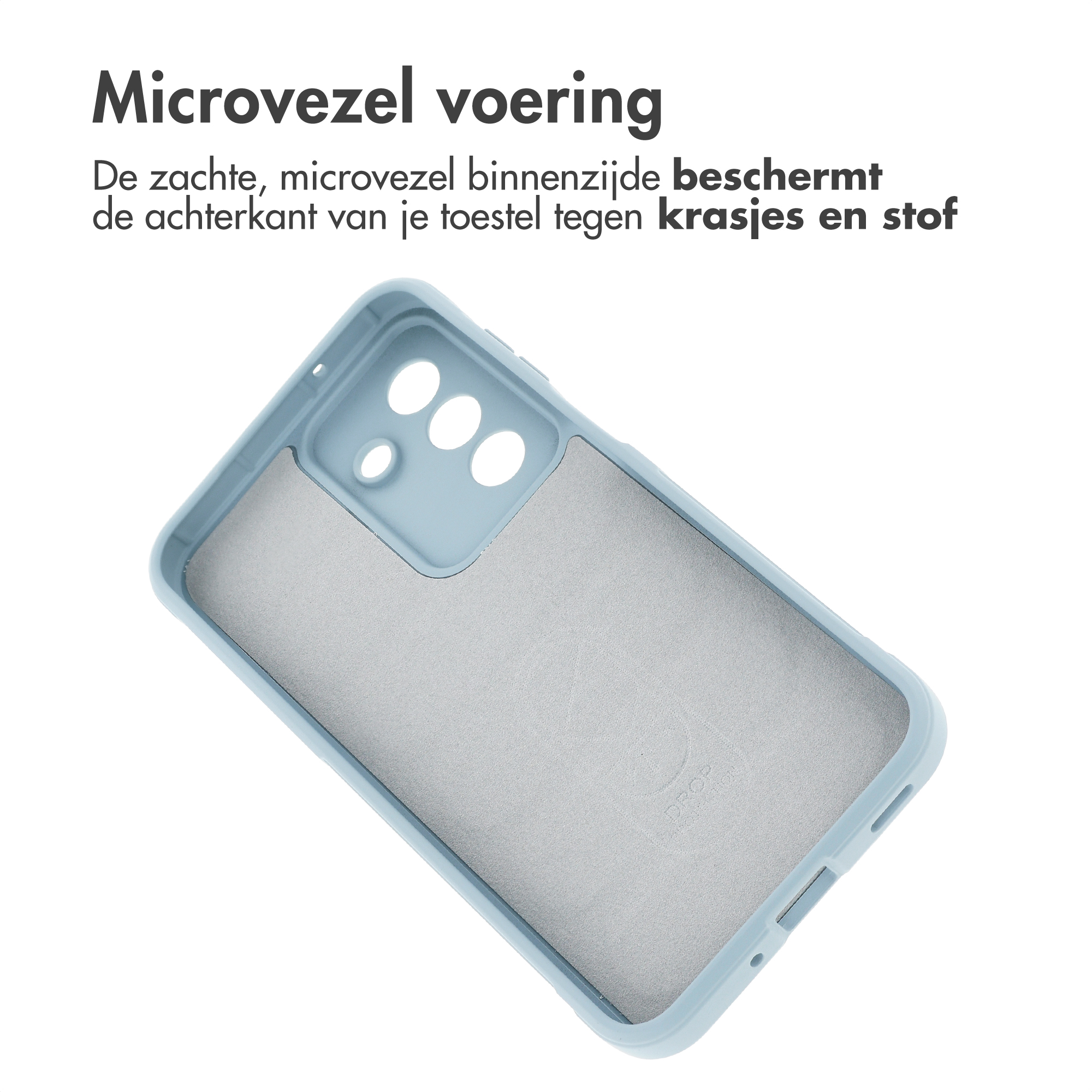 Light blue phone case with microfiber lining and camera cutout.